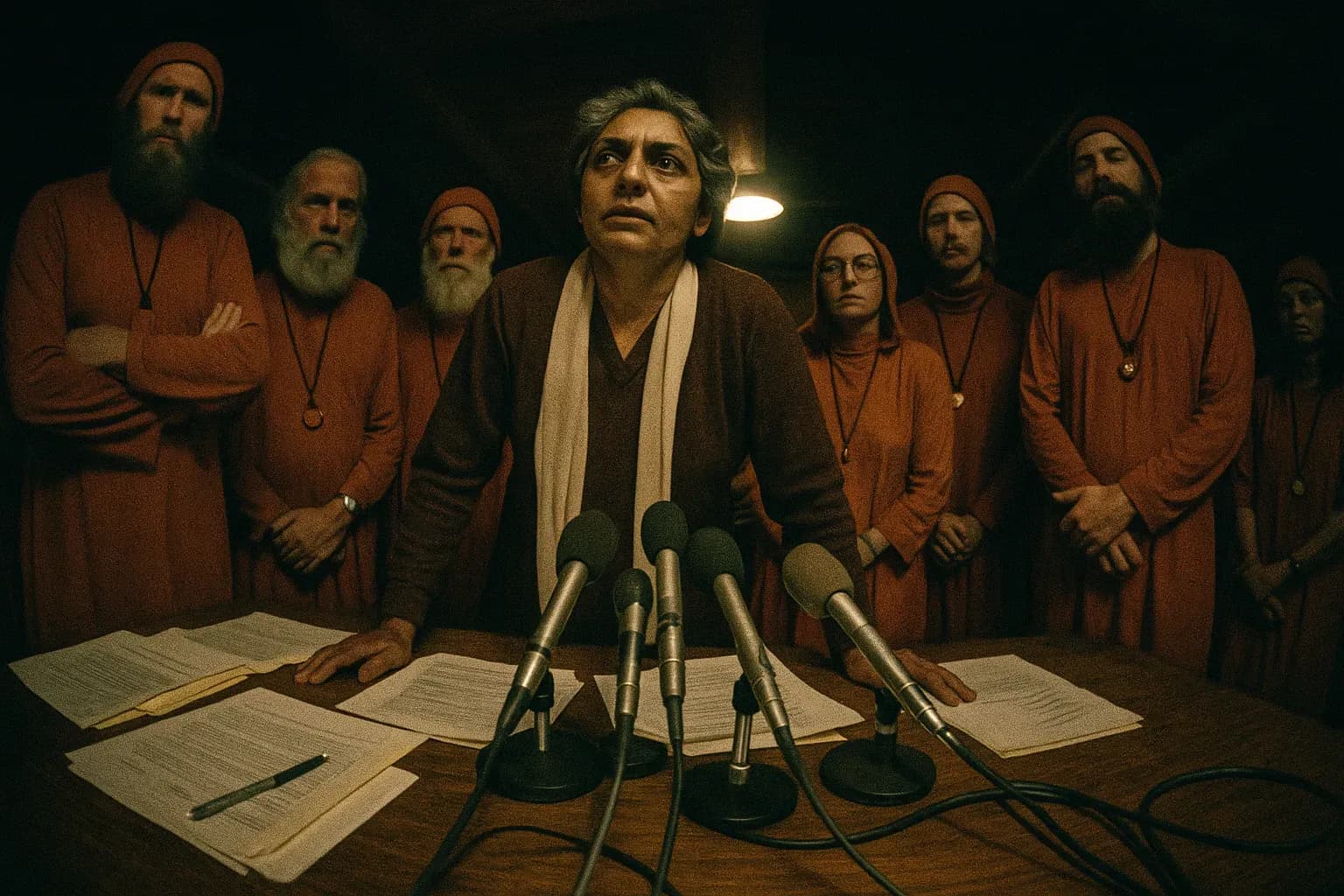 A figure resembling Ma Anand Sheela stands at a table cluttered with documents and microphones, surrounded by figures in orange robes at the Rajneeshpuram commune, Oregon, during a tense meeting on bioterror and sham marriages.