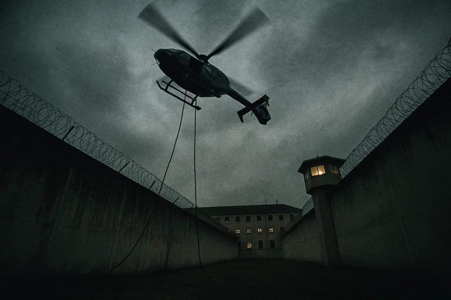 A helicopter hovers above a high-security prison in France, ropes dangling as part of an audacious escape plan.