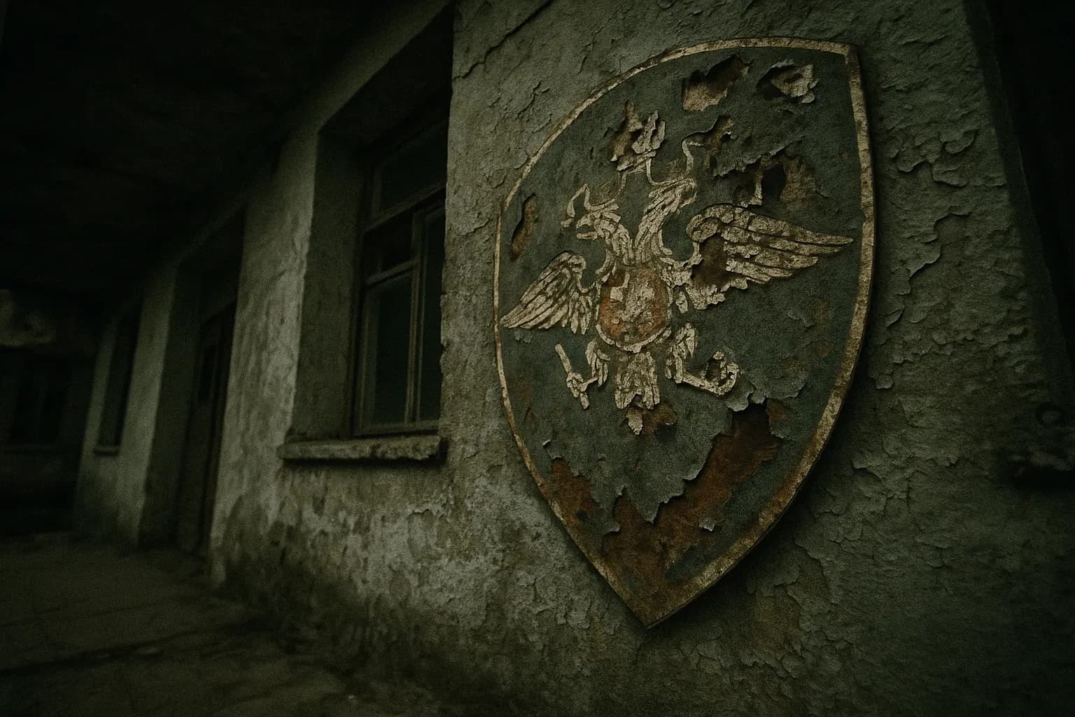 A rundown police station in Stavropol shows a peeling badge of the Russian police, symbolizing corruption allegations.