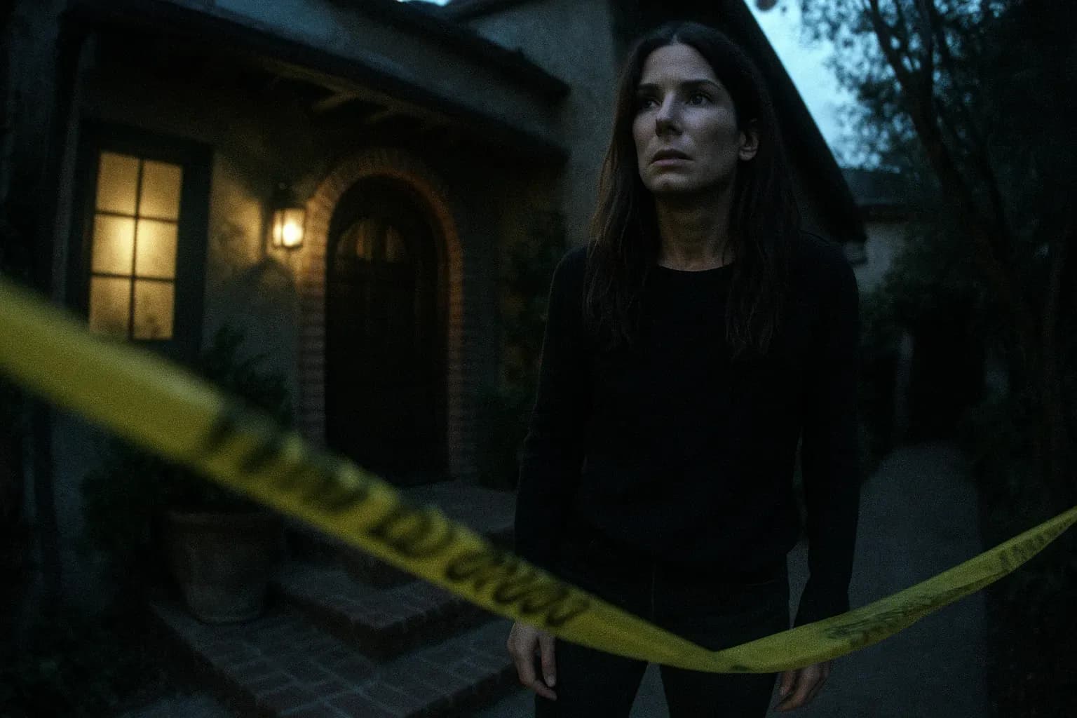 A figure resembling Sandra Bullock stands near the entrance of her Los Angeles home, police tape fluttering in the breeze.