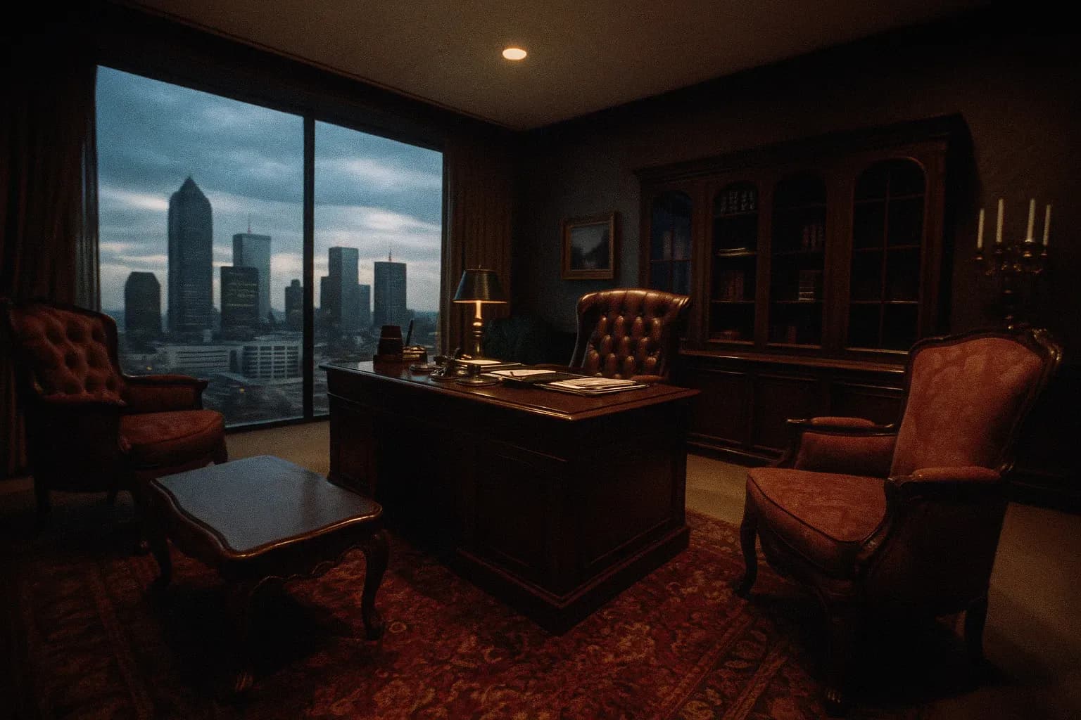A lavish office filled with opulent furniture and a view of the Texas skyline, representing Spencer Blain Jr.'s fraudulent lifestyle during the S&L scandal.