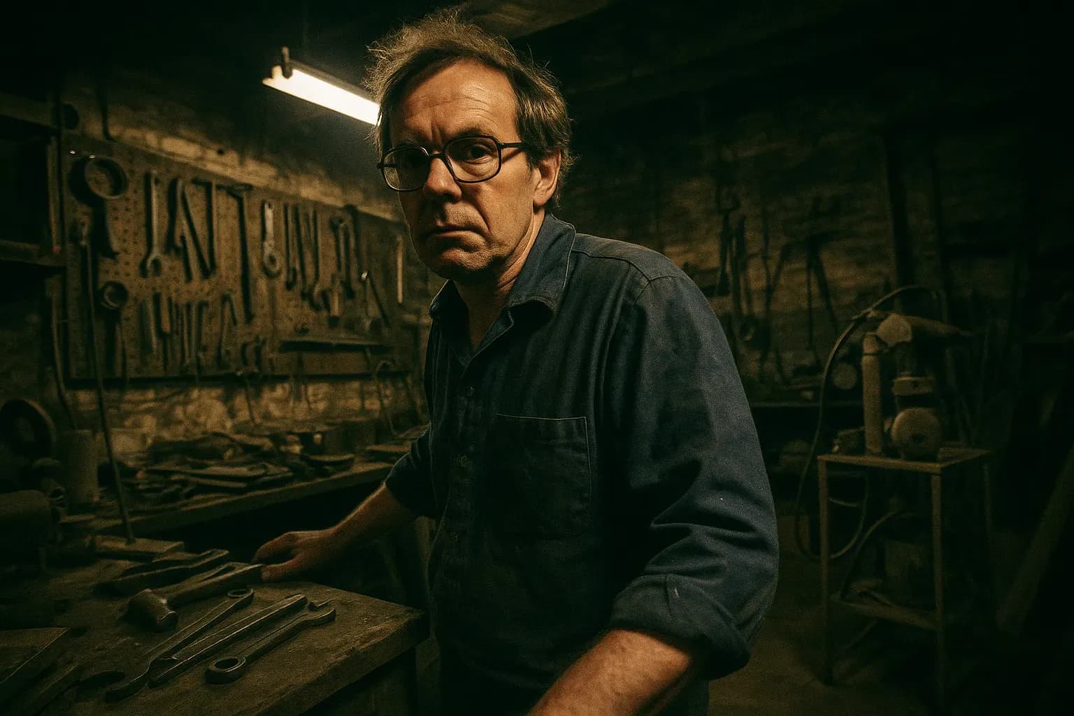 A figure resembling Michael Sams inside a dimly lit workshop in Newark, surrounded by tools and makeshift equipment.