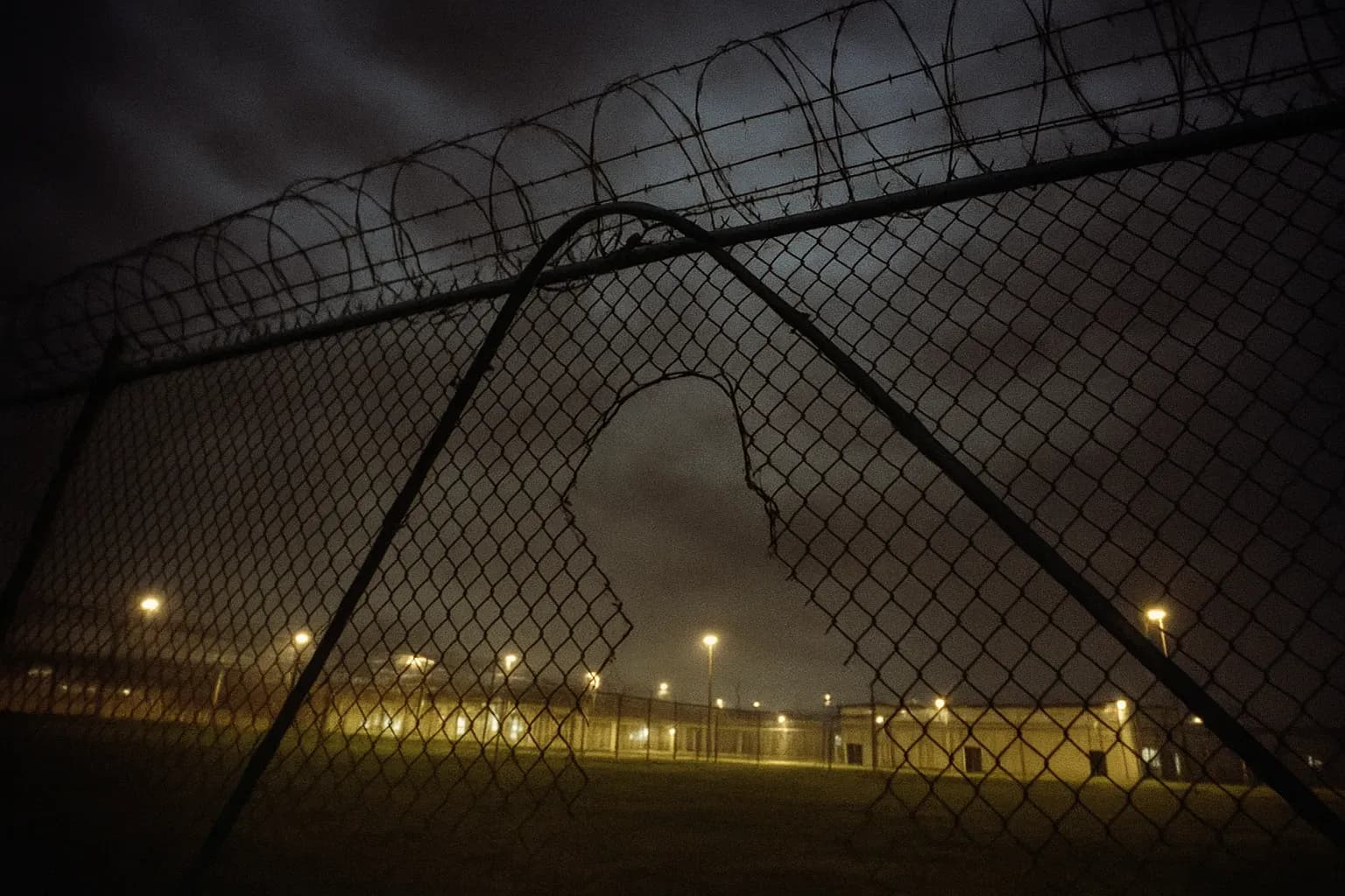 A prison fence at the Connally Unit in Texas, the metal wire cut and bent, symbolizing the escape of the Texas Seven, whose flight led to a massive manhunt and tragic consequences
