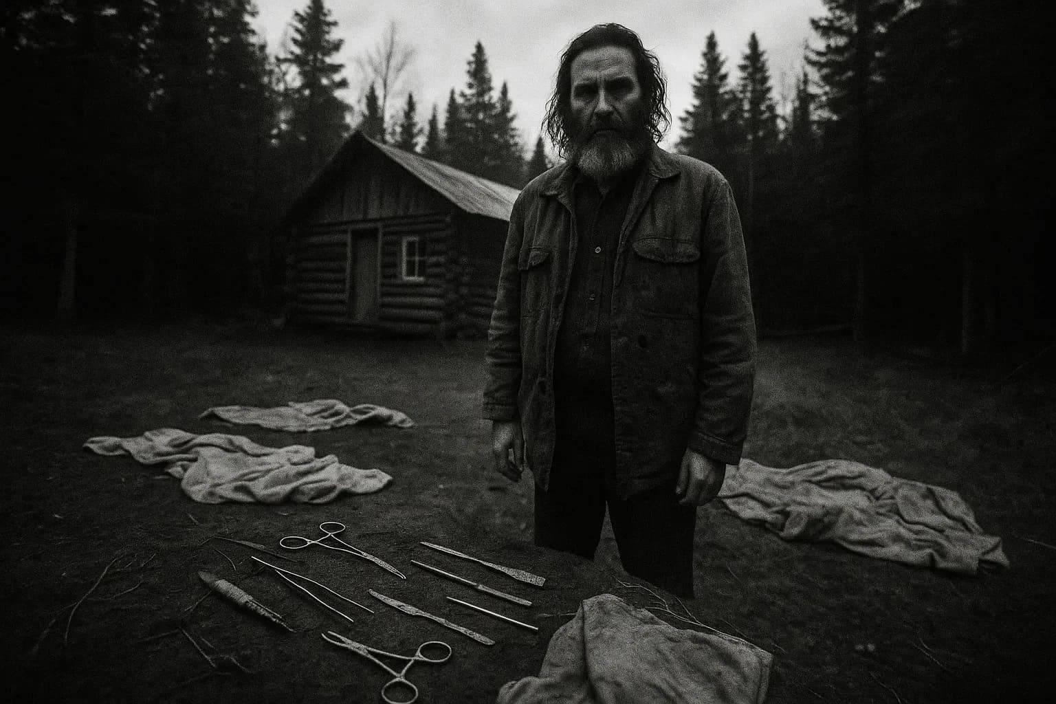 A figure resembling Roch Thériault stands solemnly near a remote Canadian forest cabin, wearing a tattered jacket, surrounded by scattered makeshift surgical tools and worn-out blankets, symbolizing the Ant Hill Kids cult's isolation and terror.