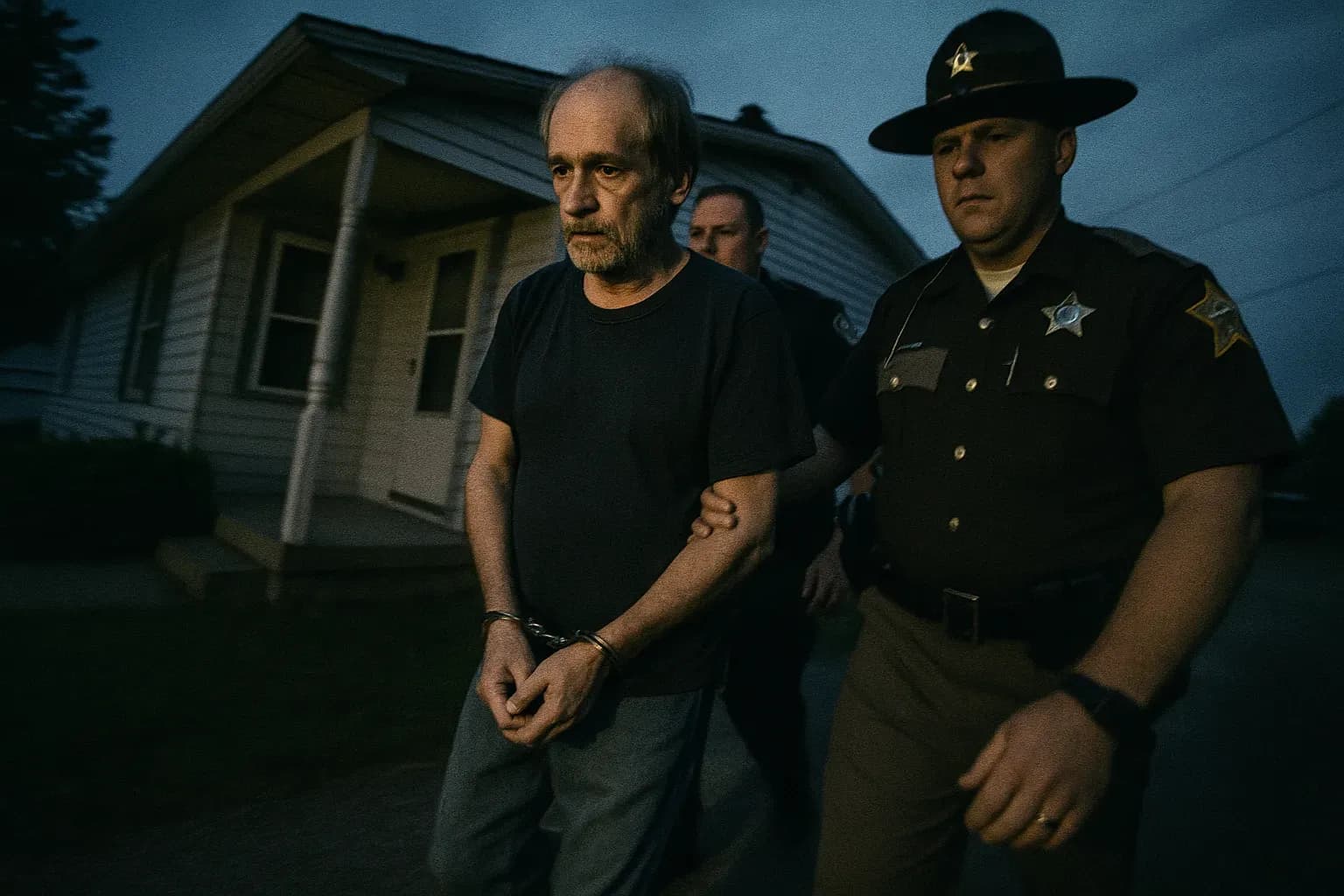 A figure resembling John D. Miller is led in handcuffs by police outside a modest house in Grabill, Indiana, marking his arrest after decades of taunting messages and groundbreaking DNA evidence.