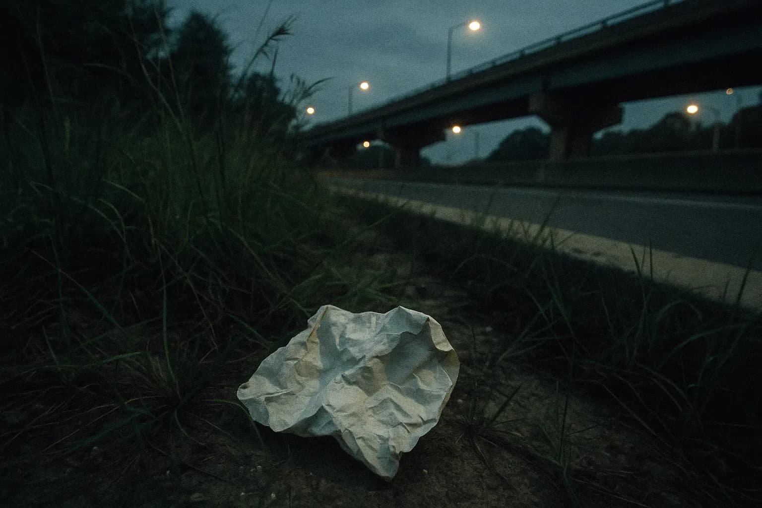 A crumpled, taunting note supposedly from the Freeway Phantom lies amid the overgrown grass and concrete near a Washington D.C. freeway, a symbol of the cold case of six murdered young girls.