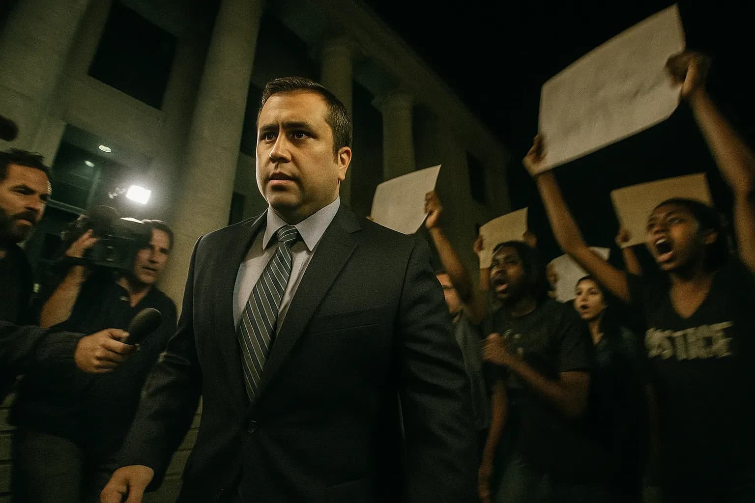 A figure resembling George Zimmerman walks out of a Florida courthouse, surrounded by a throng of reporters and protesters holding signs, capturing the tension of a highly publicized trial and its societal impact.