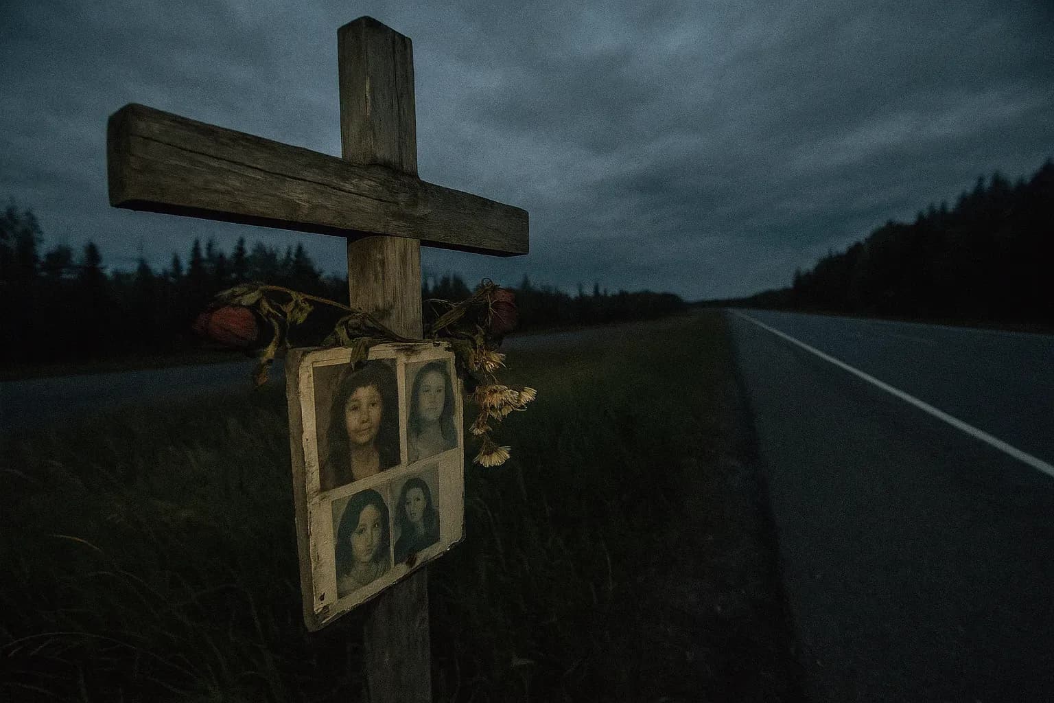 A worn and weathered memorial cross stands on the side of Canada's Highway 16, adorned with fading photographs and wilted flowers, symbolizing the unsolved cases of missing and murdered women along the route.