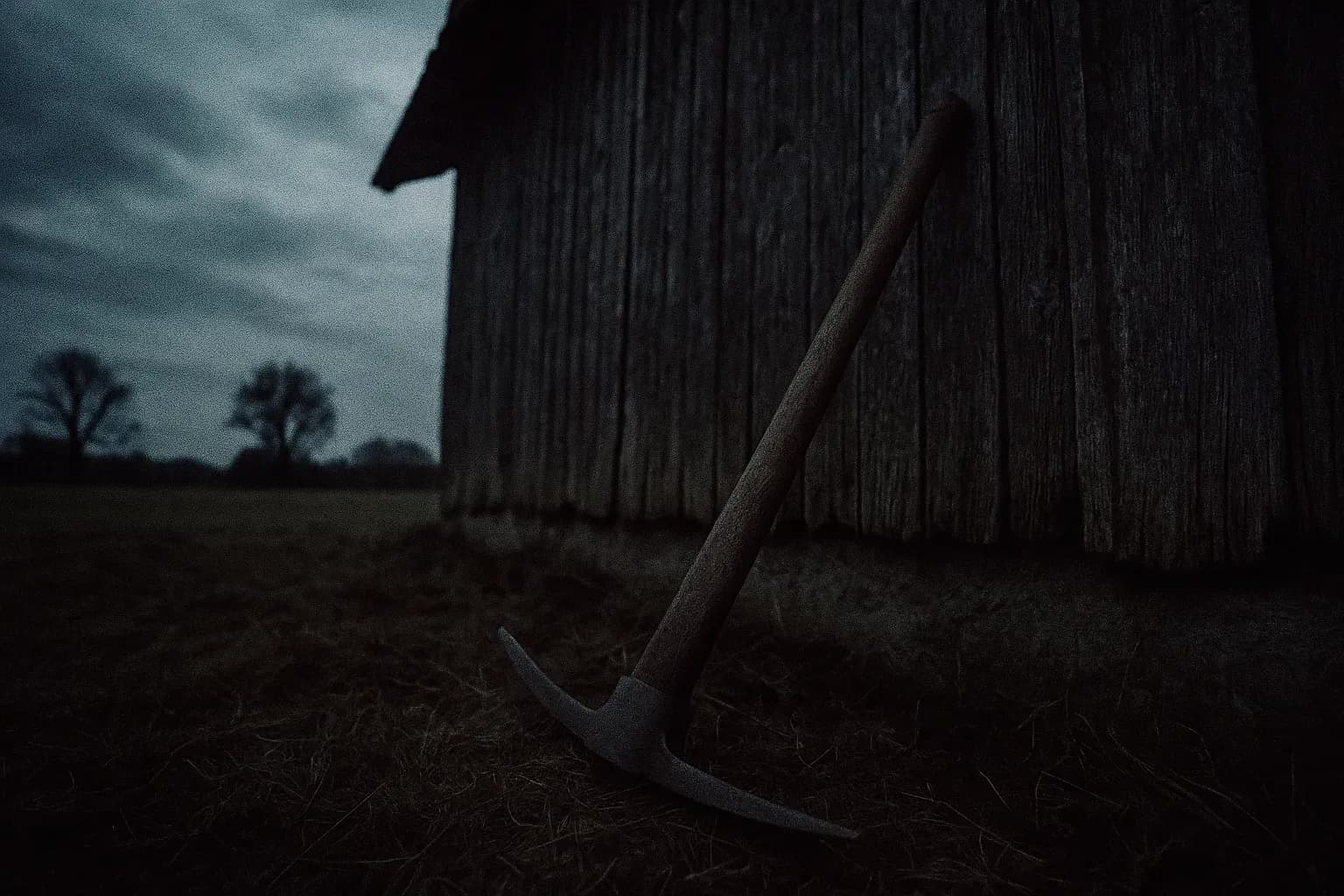 A lone pickaxe leans against a weathered barn wall on the Hinterkaifeck farm, surrounded by eerie silence in the Bavarian countryside.