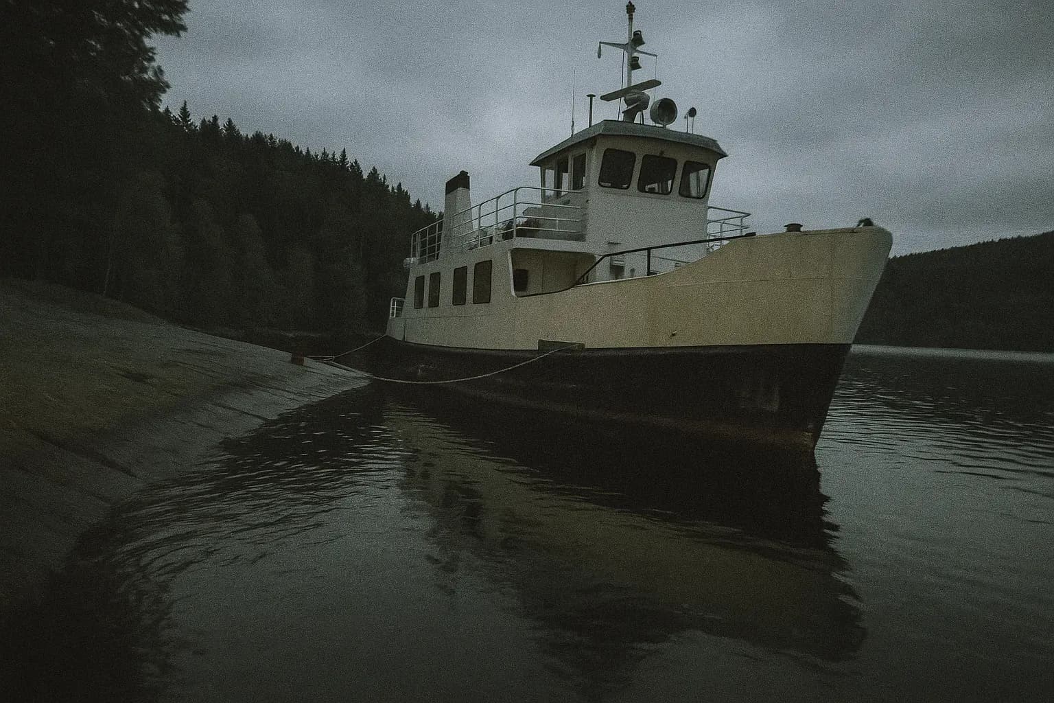 A small ferry boat, MS Thorbjørn, docked on a quiet lake, with dense forest in the background, symbolizing the deceptive journey to Utøya during Anders Behring Breivik's attack.