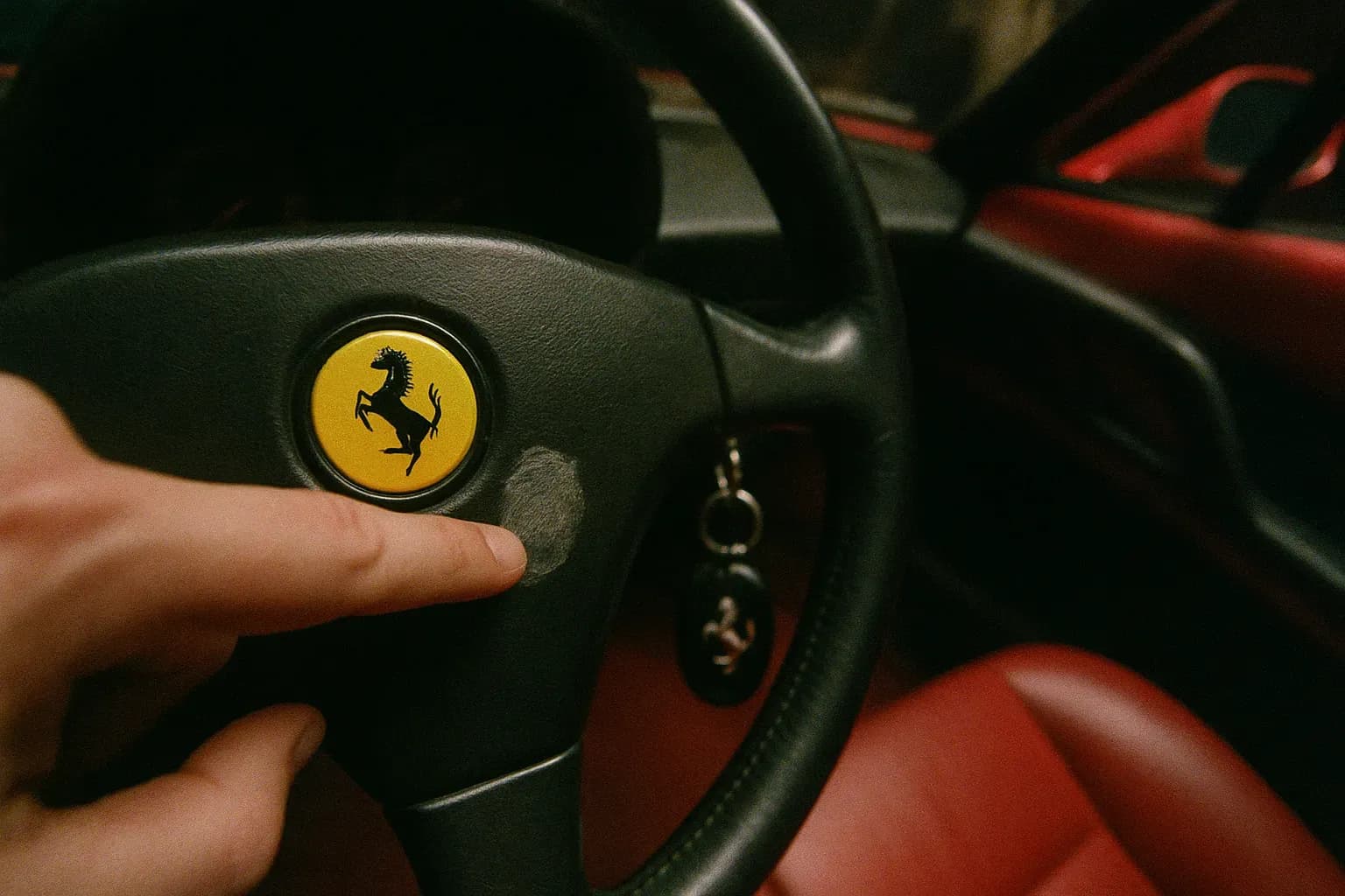 A finger lightly presses a dusty fingerprint on the steering wheel of a red Ferrari, keys dangling in the ignition, symbolizing the moment Valerio Viccei's escape plan began to unravel.