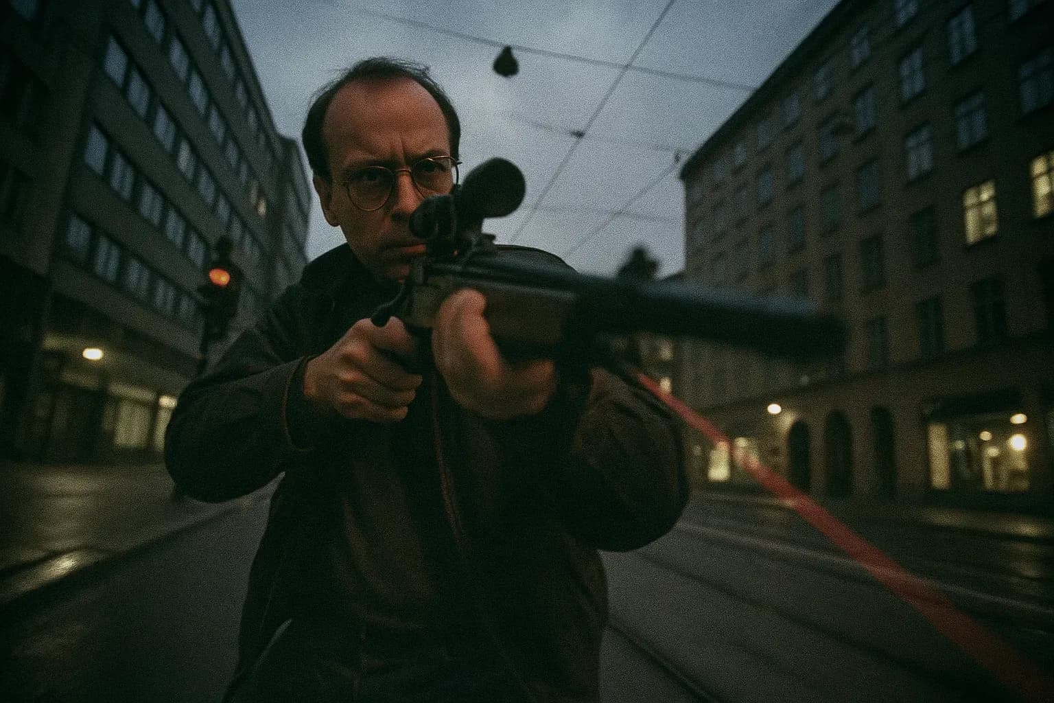 A figure resembling John Ausonius stands on a city street in Sweden, holding a laser-sighted rifle. The setting is tense, surrounded by urban infrastructure, reflecting the early 1990s environment of his racially motivated attacks.