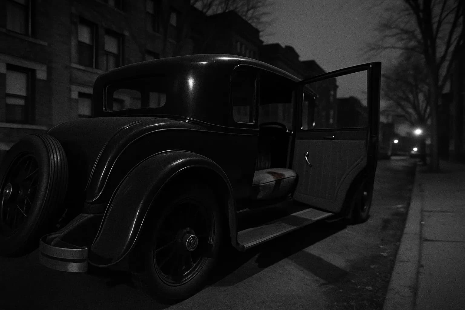 A vintage Willys-Knight car parked on a quiet Chicago street, its rear door slightly ajar, a small bloodstain visible on the seat, evoking the chilling start of the Bobby Franks murder case.