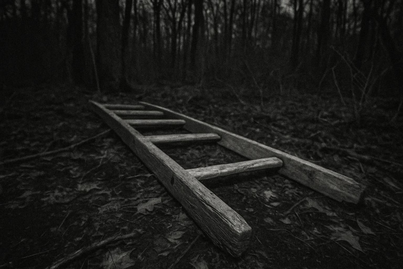 A homemade wooden ladder lies abandoned in the wooded area near the Lindbergh estate, symbolizing the mystery and heartbreak of the kidnapping of Charles Lindbergh's son.