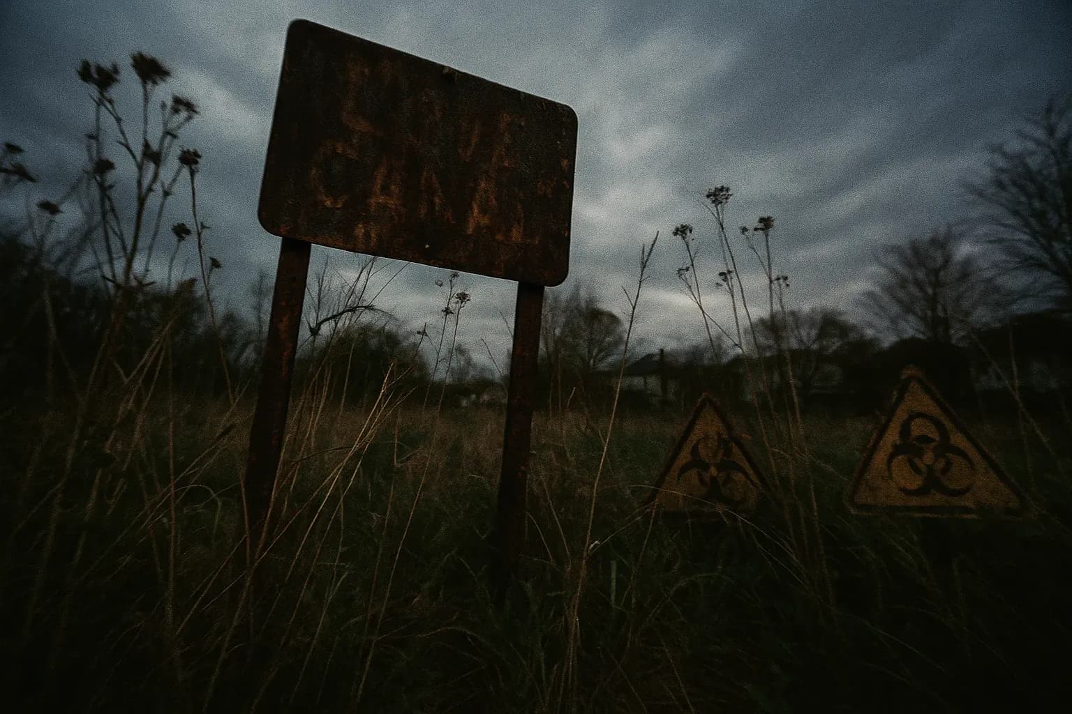 A rusted sign marking the entrance to the abandoned Love Canal neighborhood, surrounded by overgrown weeds and hazardous waste warning symbols