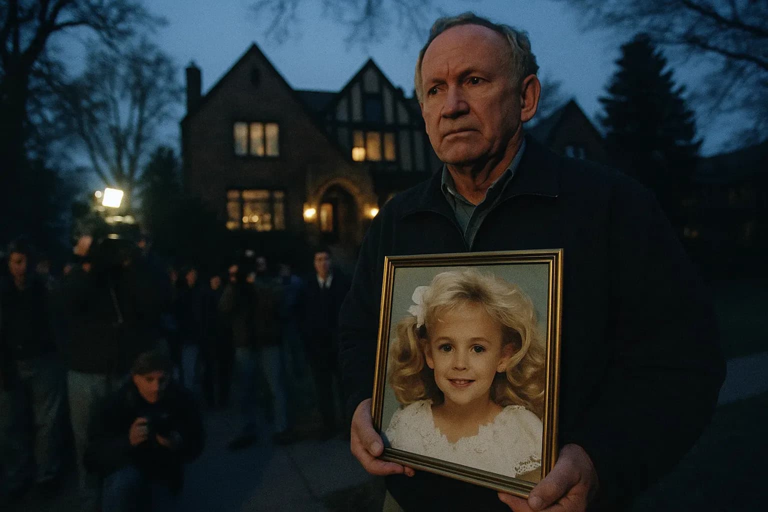 A figure resembling JonBenét Ramsey's father, John Ramsey, stands outside their home on 15th Street in Boulder, Colorado, holding a portrait of JonBenét amidst a sea of media and bystanders.