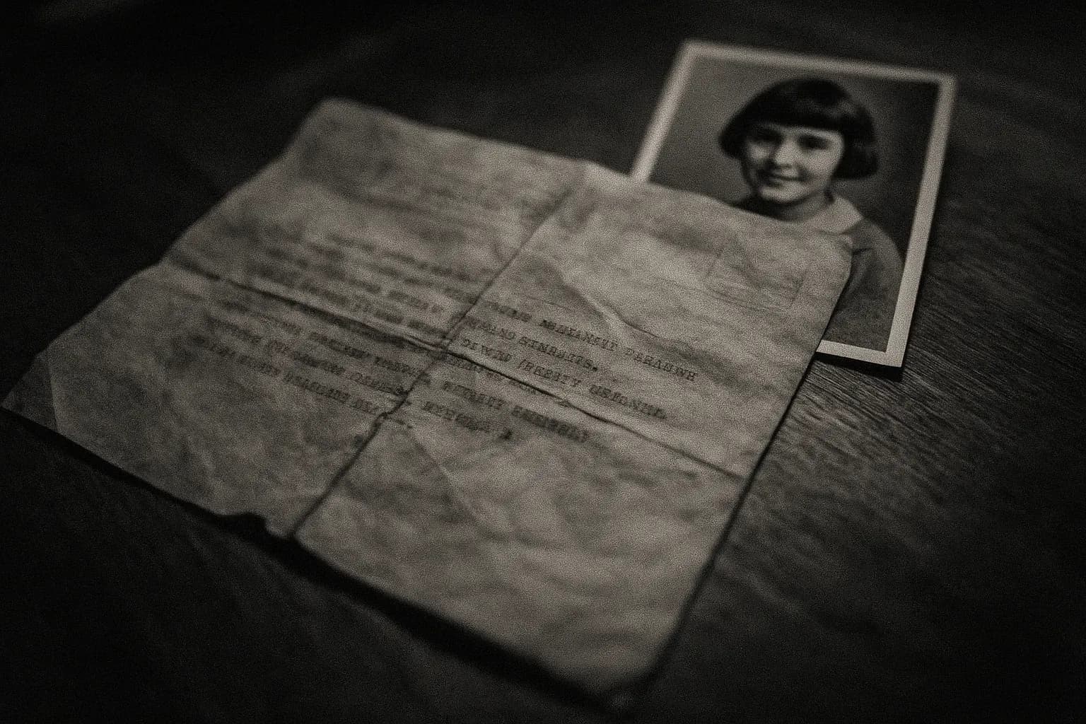 A 1920s telegram with ransom demands, creased and aged, lies on a table alongside a vintage photo of 12-year-old Marion Parker, symbolizing the notorious kidnapping case in Los Angeles.