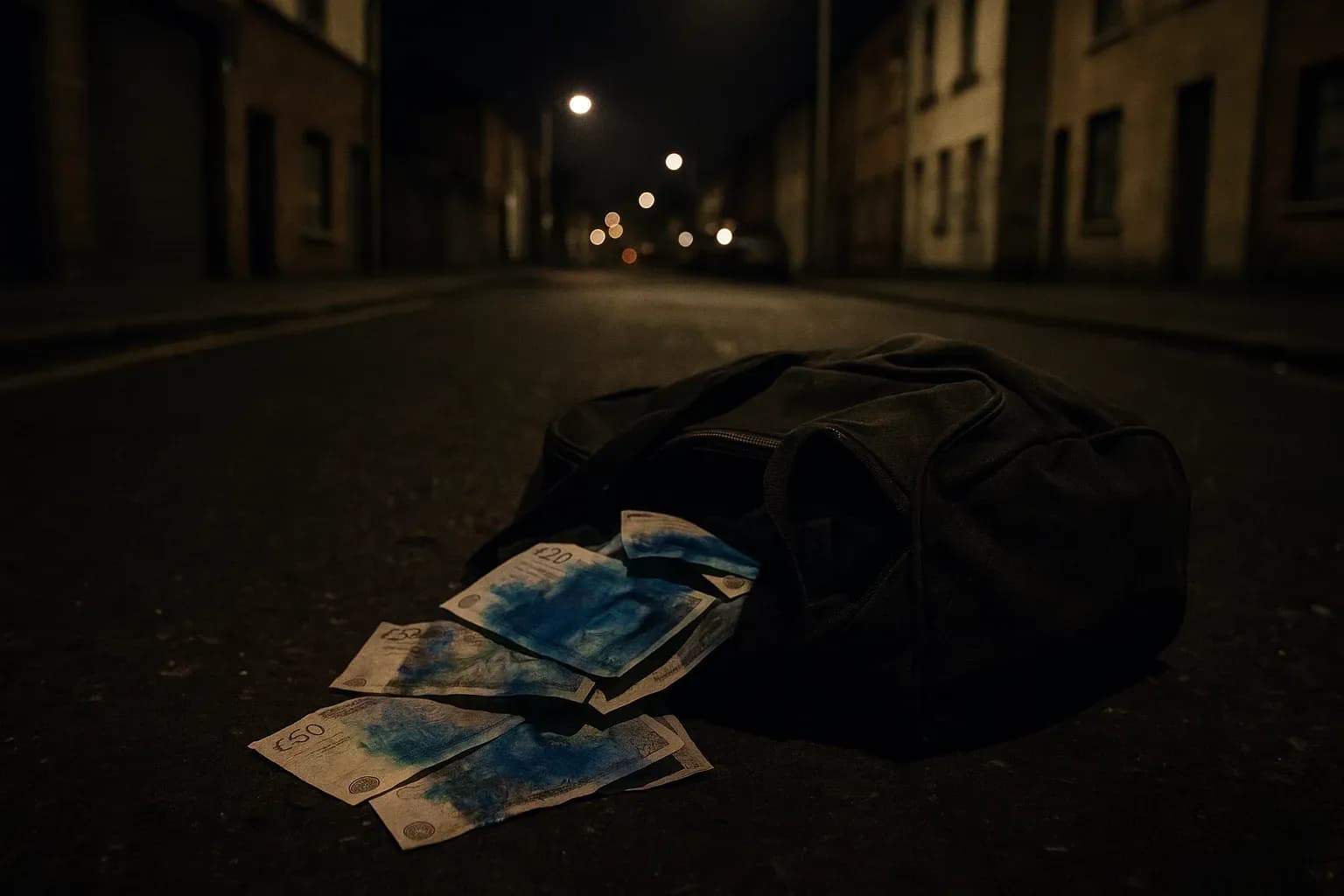 A bag marked with dye-stained banknotes lies abandoned on a Belfast street, remnants of the notorious £26.5 million heist in 2004, supposedly connected to the IRA's shadowy influence.