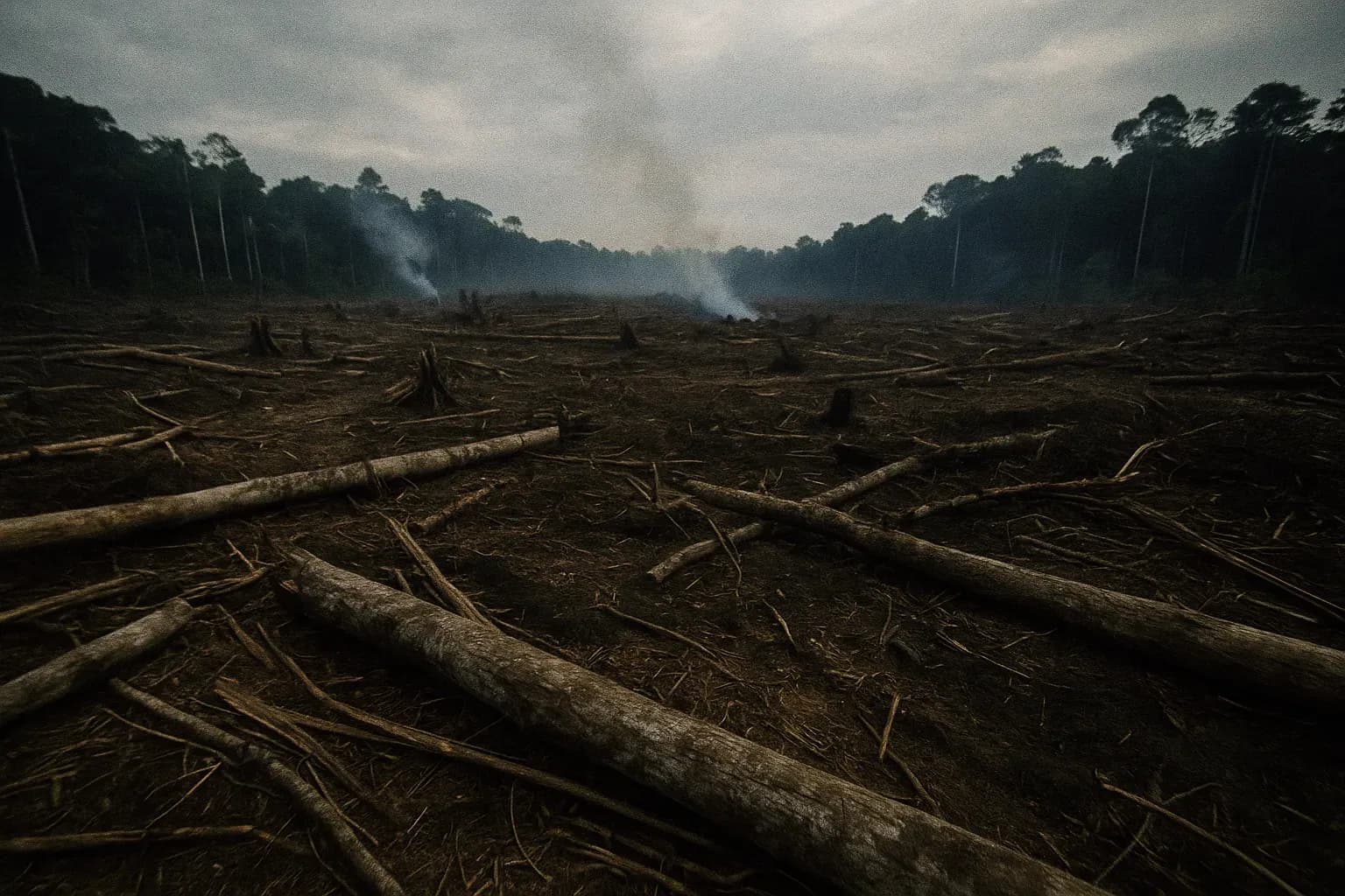 A vast expanse of cleared land in Southeast Asia's rainforest, with felled trees and smoke rising, signaling deforestation and environmental crime tied to the palm oil industry.