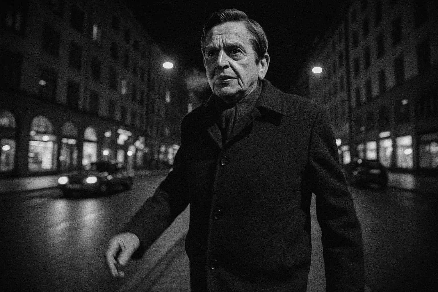 A figure resembling Olof Palme walks along Sveavägen in Stockholm during a cold night, his breath visible in the chilly air, moments before the tragic event that would remain unsolved for decades