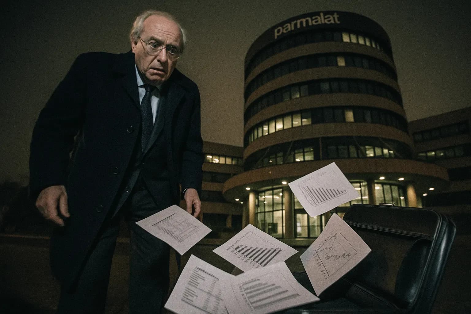 A figure resembling Calisto Tanzi stands in front of the Parmalat headquarters, his expression one of disbelief and concern, as papers marked with financial data spill from a briefcase onto the ground.
