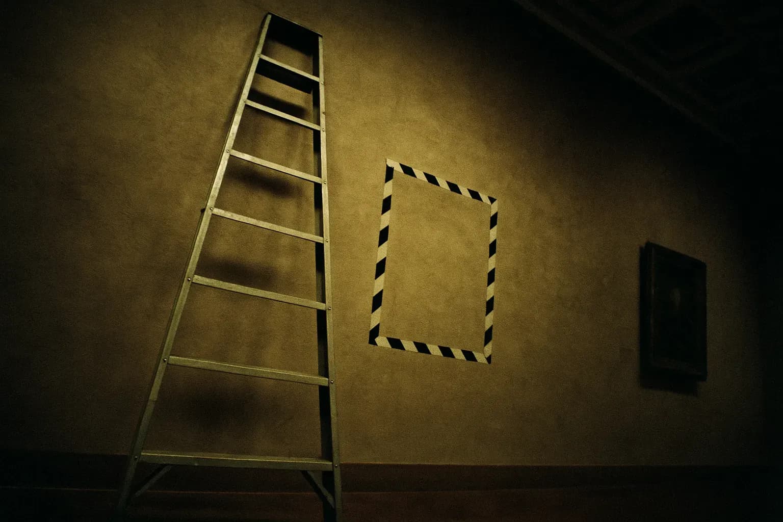A ladder leaning against the wall of an Oslo museum, evidence tape marking the spot where Munch's 'The Scream' was stolen, signifying the infamous art heists in 1994 and 2004.