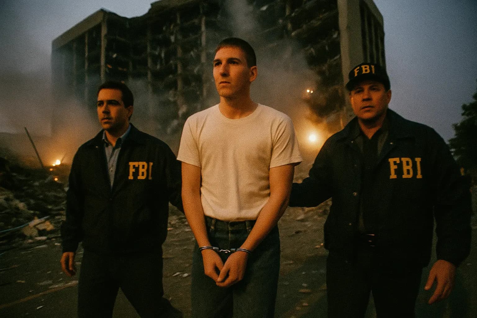 A figure resembling Timothy McVeigh in handcuffs, escorted by federal agents, near a smoldering Murrah Building in Oklahoma City, debris still scattered on the ground