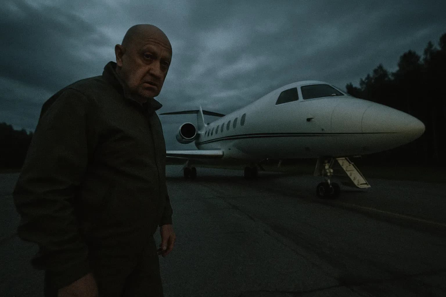 A figure resembling Yevgeny Prigozhin stands beside a private jet on a secluded runway in Tver, Russia, surrounded by dense forest, under a darkening sky.