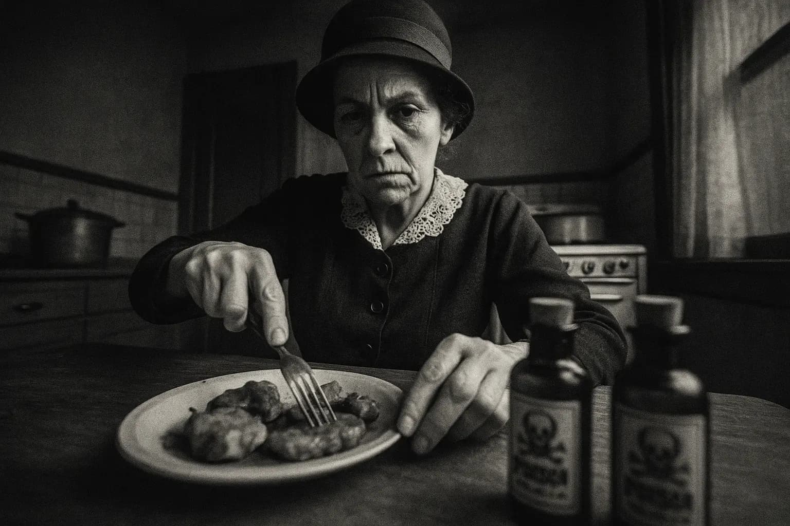 A figure resembling Tillie Klimek sits at a kitchen table in 1920s attire, methodically preparing an arsenic-laced meal, with small bottles labeled "Rough on Rats" nearby, embodying her infamous poisoning method.