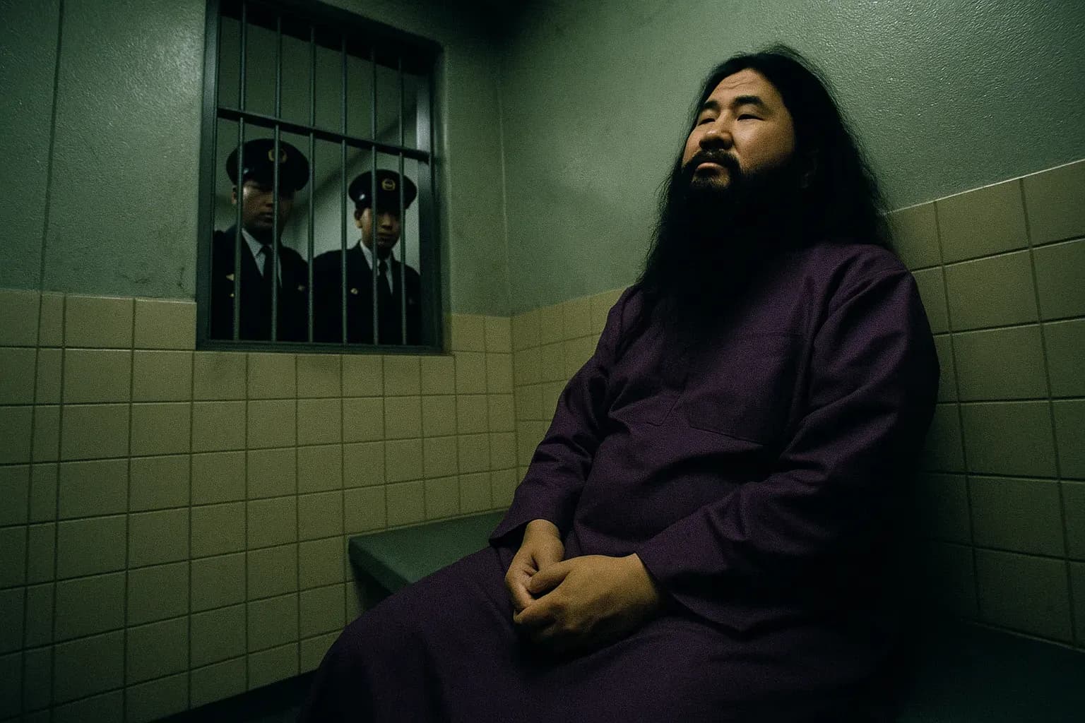 A figure resembling Shoko Asahara, leader of Aum Shinrikyo, in a police station holding chamber, with police officers observing discreetly in the background through a narrow, barred window.