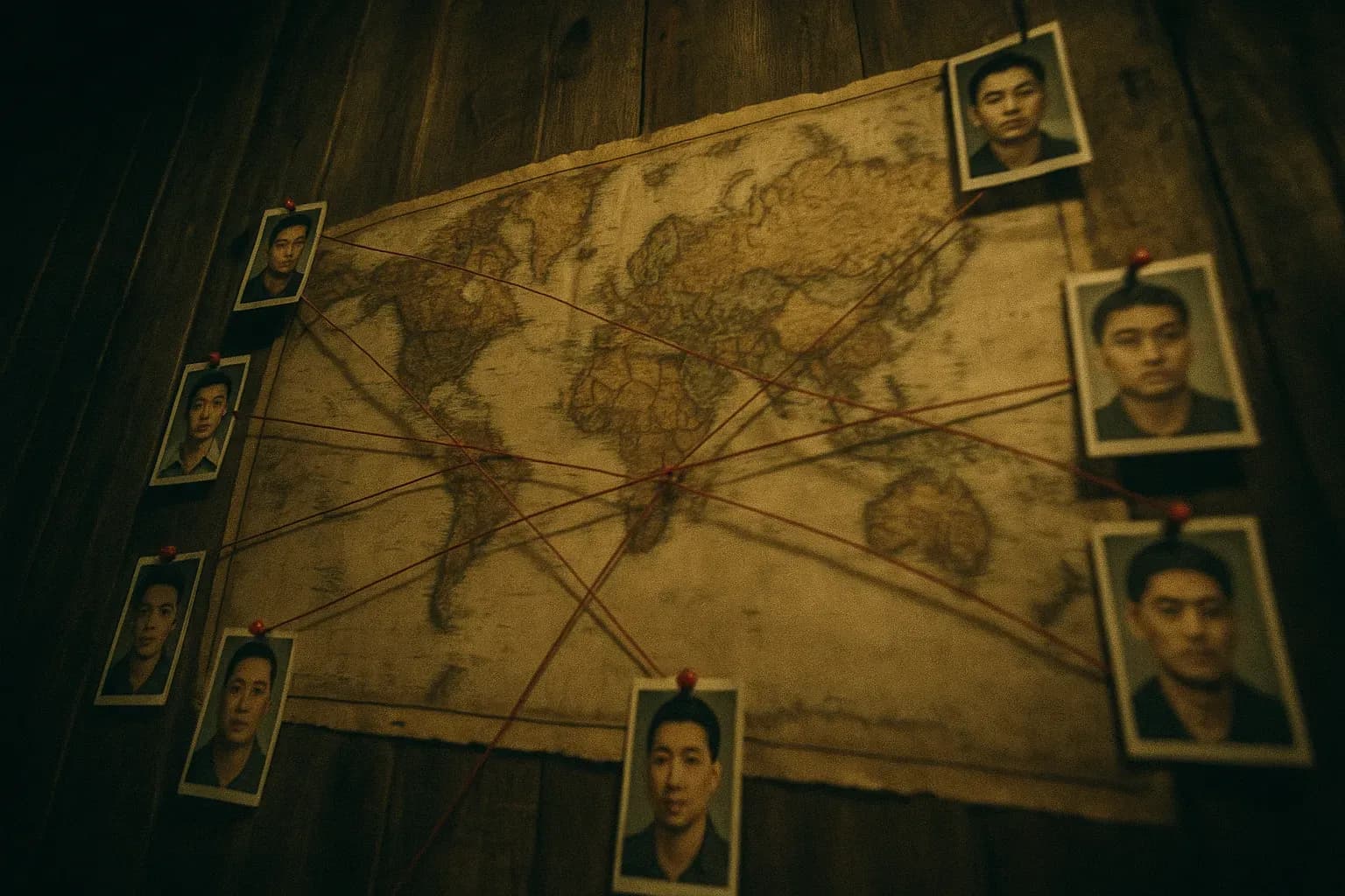 A weathered map of the world pinned to a wooden wall, red strings connecting various cities, with small photos of notable United Bamboo Gang leaders around it