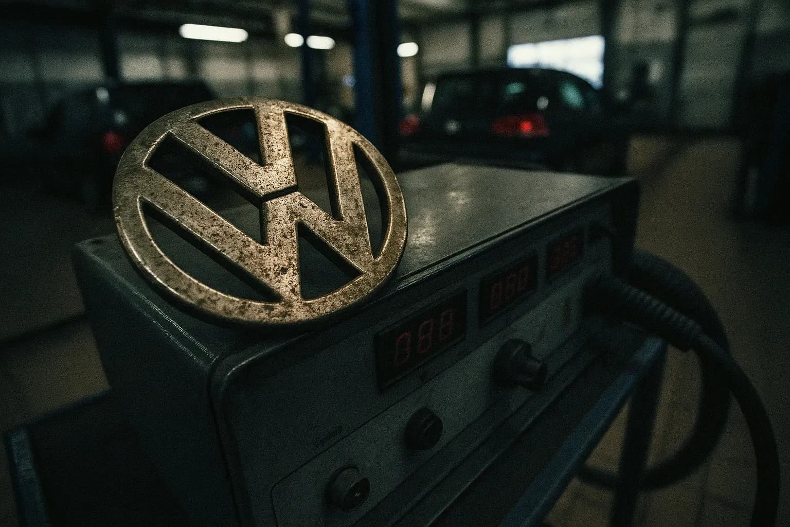 A tarnished Volkswagen logo sits on a pollution emission testing device at an automotive testing facility, symbolizing the Dieselgate scandal's impact on the industry and environment.