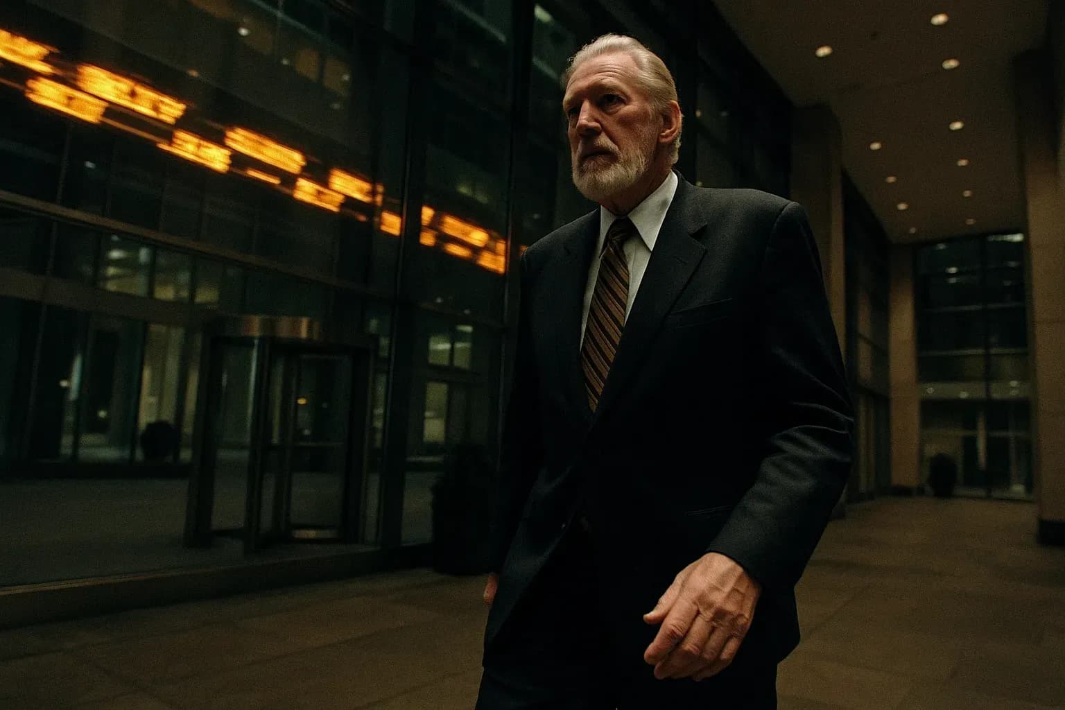 A figure resembling Bernard Ebbers walks through the lobby of a corporate office building, a reflection of stock tickers scrolling across the glass windows behind him.
