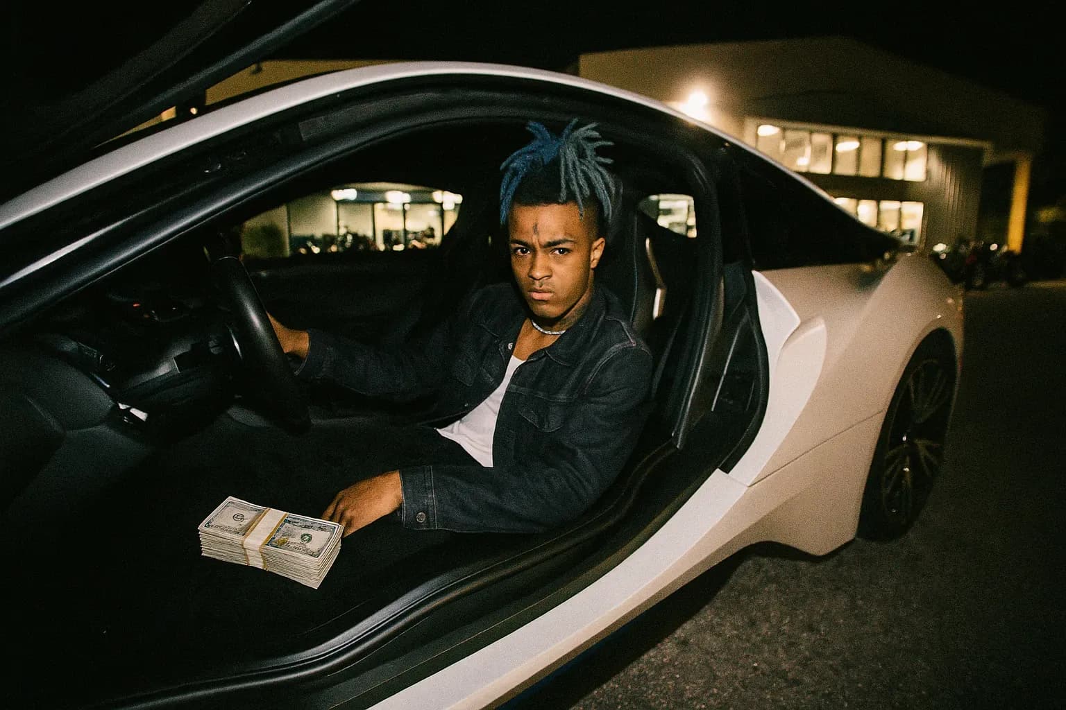 A figure resembling XXXTentacion sits in a BMW i8 parked outside RIVA Motorsports, with $50,000 visible on the passenger seat.