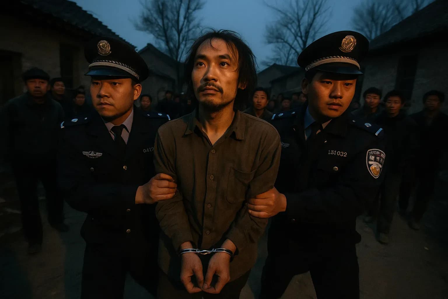 A figure resembling Yang Xinhai is escorted by police officers through a rural Chinese village, surrounded by onlookers, capturing the moment of his capture in 2003.