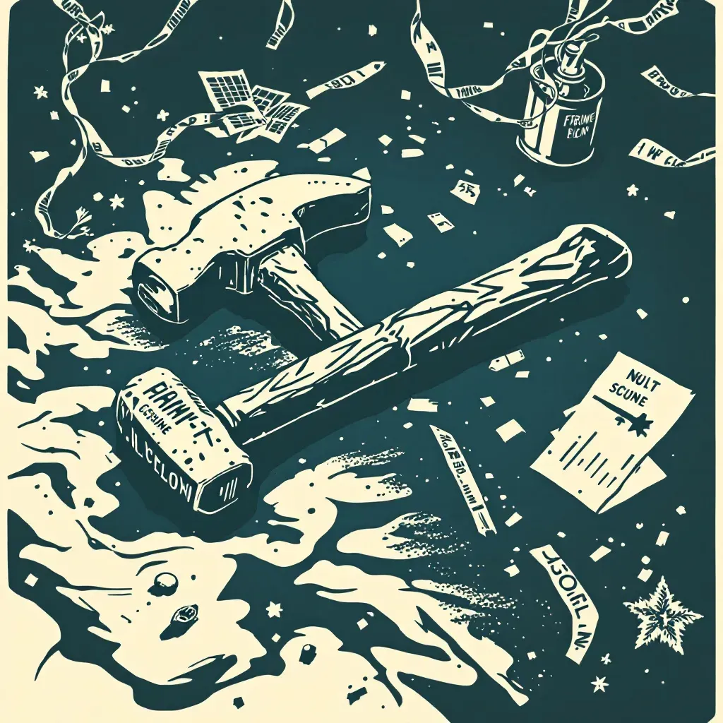 A hammer, repurposed from a common toolbox tool into a sinister weapon, lies amidst forensic evidence at a crime scene, highlighting its role in violent crimes and the challenge it poses for investigators.