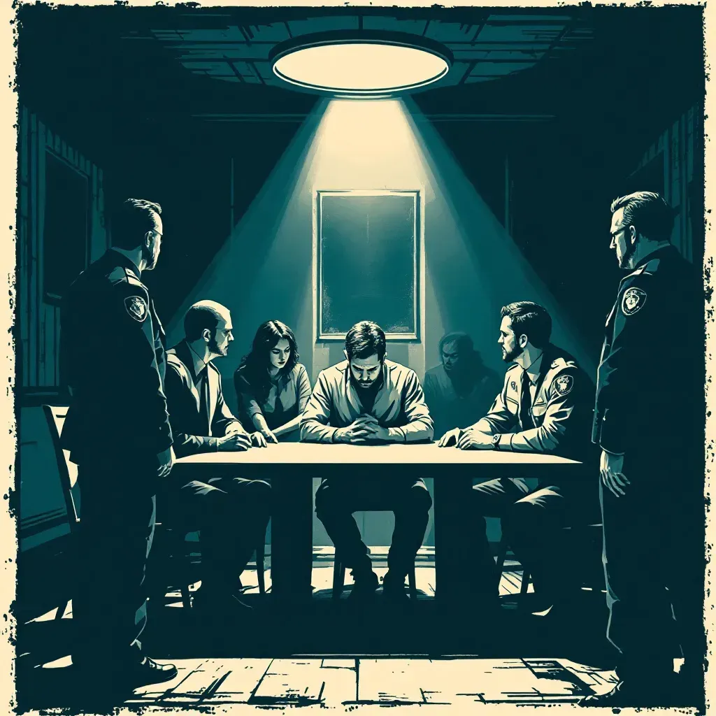 A dimly lit interrogation room with a vulnerable-looking individual at a table, surrounded by determined officers, representing psychological pressure and manipulation leading to a false confession.