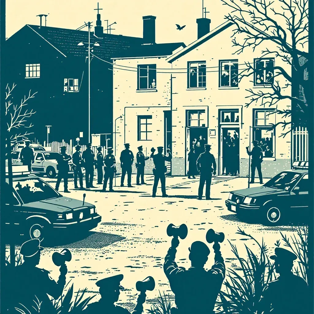 A tense standoff scene with police officers behind barricades, armed suspect and hostages inside a building surrounded by police vehicles, negotiators communicating via megaphones, creating a high-stakes atmosphere.