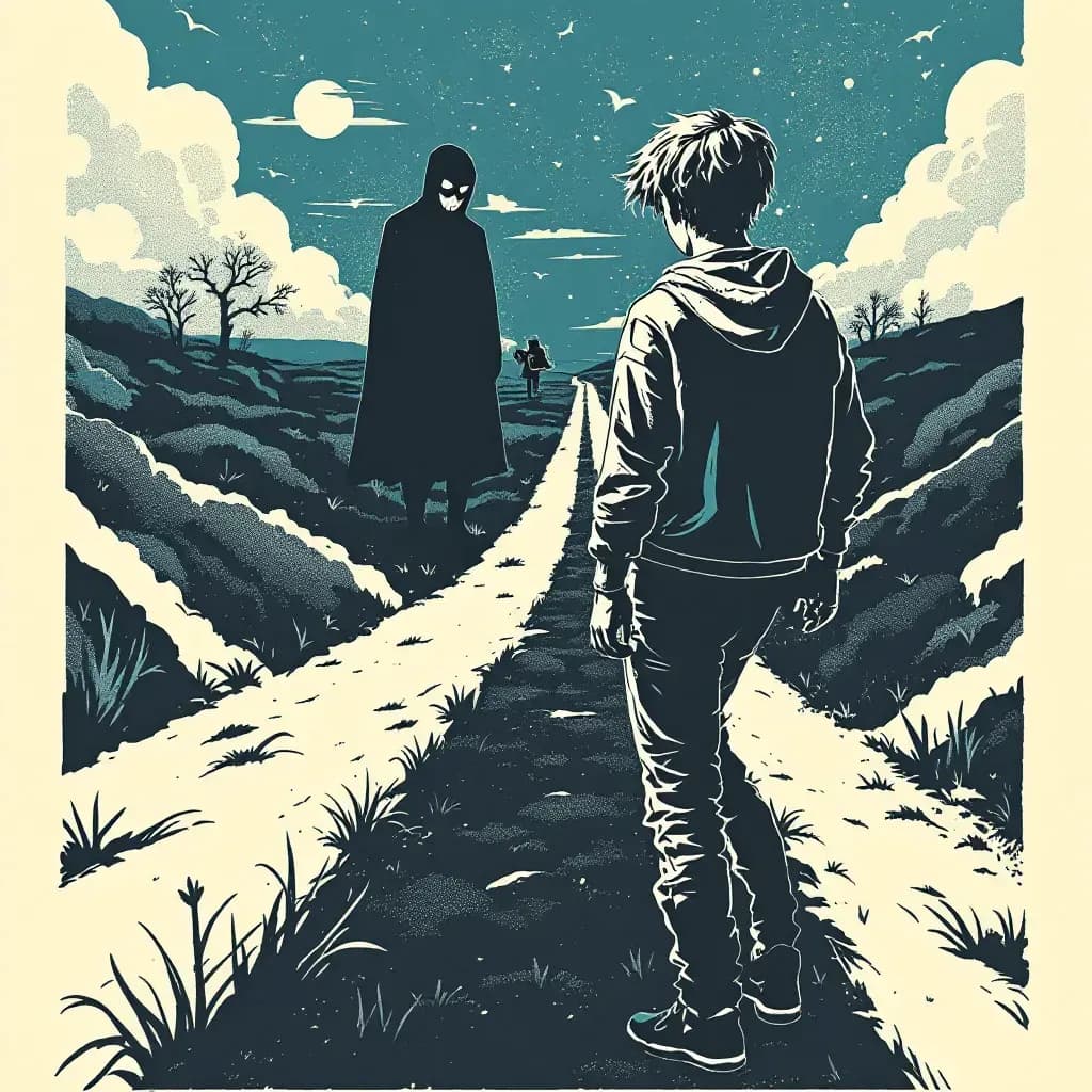 A teenager standing at a crossroads, one path leading to a shadowy figure symbolizing manipulation, the other to a masked figure representing guilt, with a smartphone highlighting digital threats.