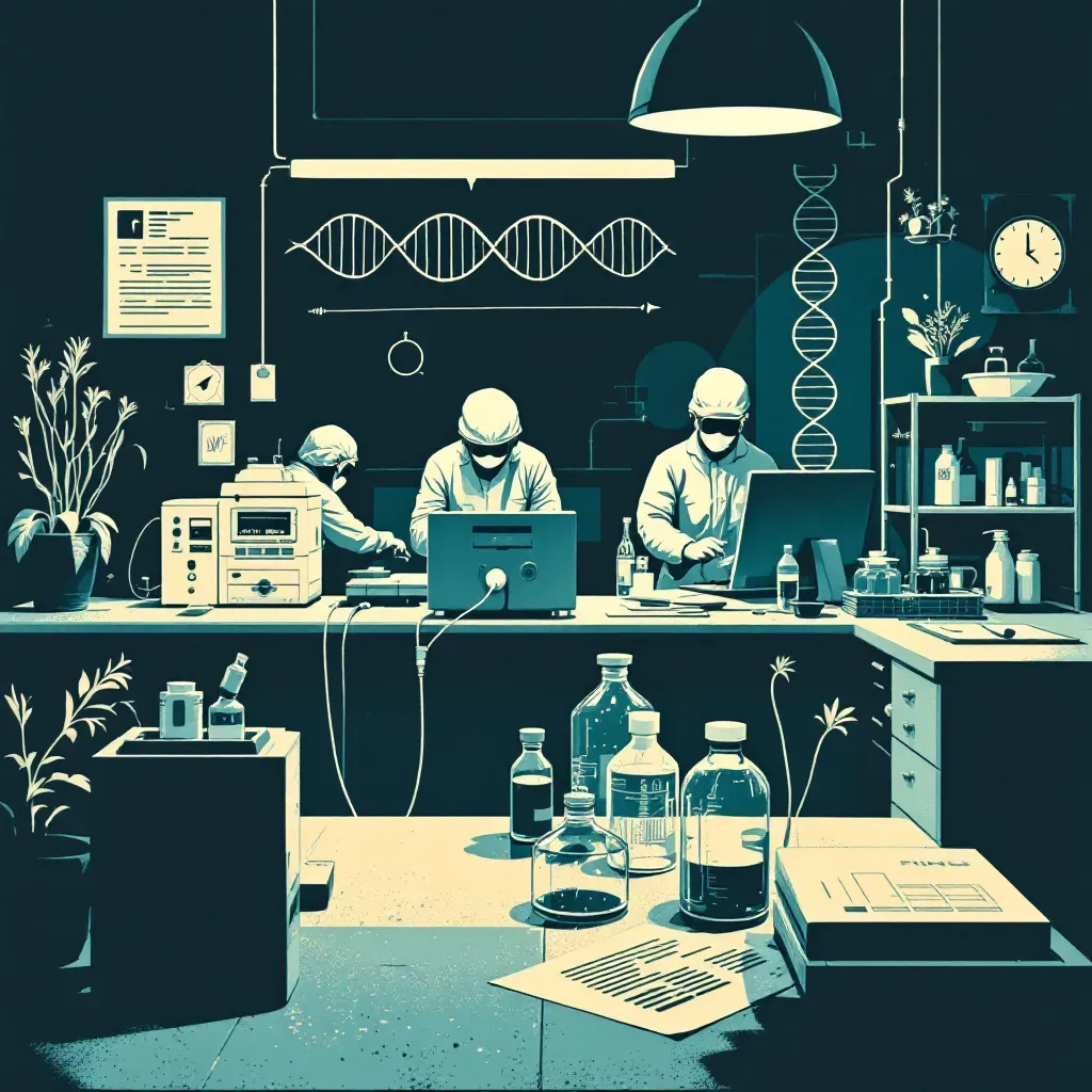 DNA evidence on a laboratory table, surrounded by genetic sequencing machines and forensic scientists analyzing samples, illustrating biotechnology's dual role in crime and investigation.