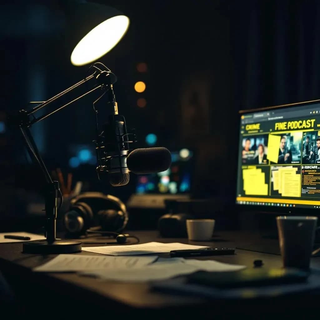 Ugens true crime guide uge 19 2026 — journalist desk med mikrofon, headphones og krimidokumentation