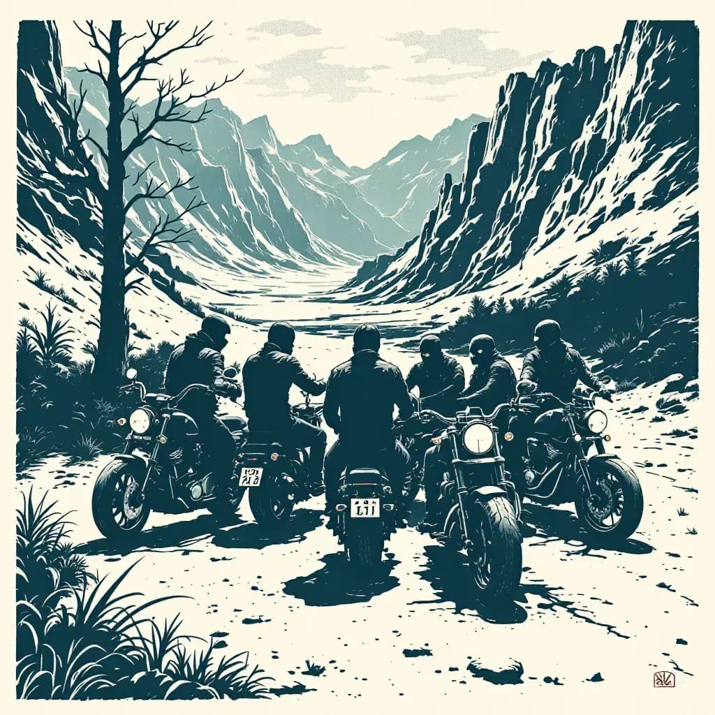 A group of bikers on motorcycles gather in a remote location, engaged in a secretive meeting symbolizing organized crime, with signs of hierarchical ranks and elements of gang loyalty.