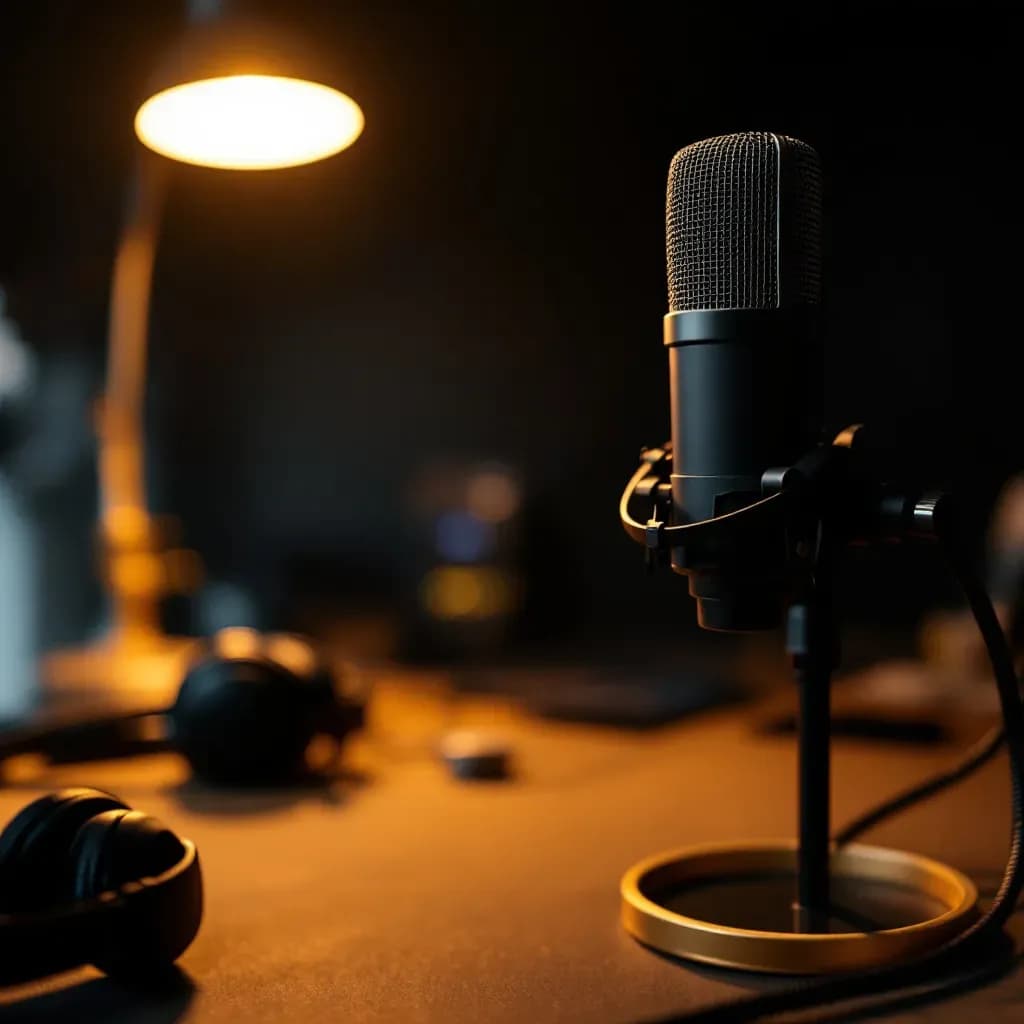 Podcast-mikrofon i mørkt studie — mest hørte true crime-podcasts i Danmark