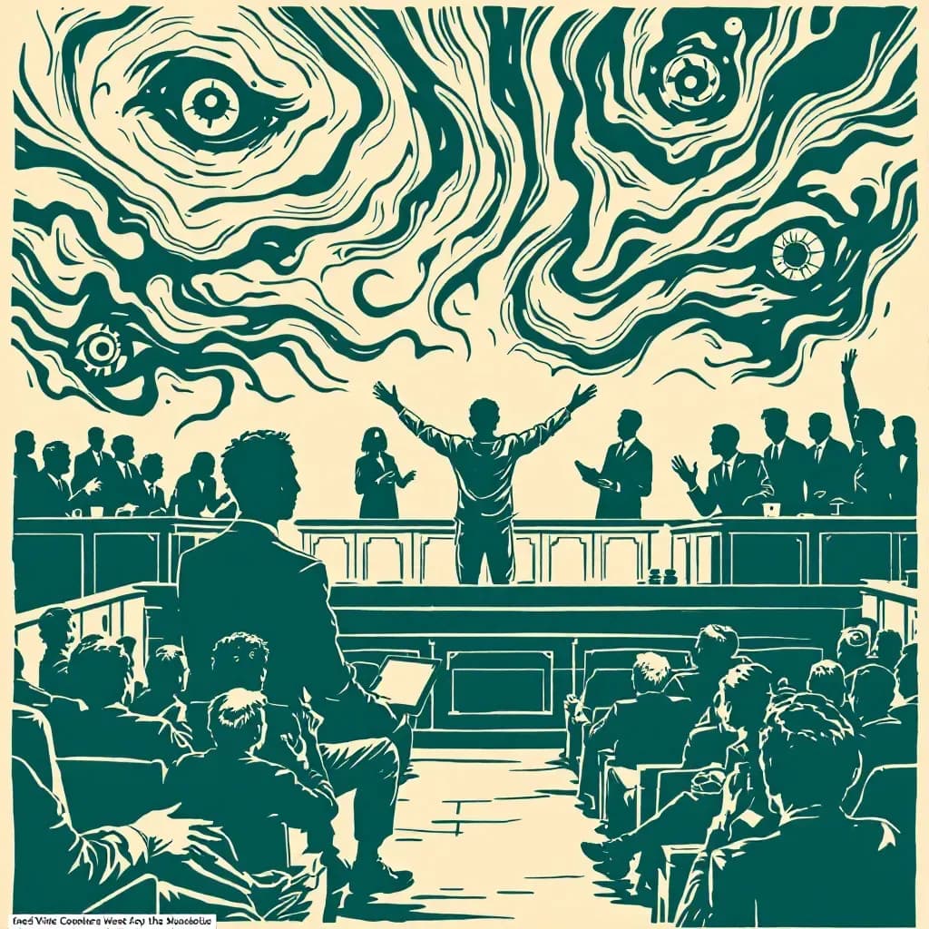 A courtroom scene where a defendant exhibits signs of psychosis, surrounded by swirling visions of hallucinations and delusions, while a judge, jury, and lawyers engage in intense discussion.