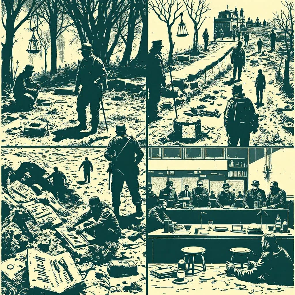 Investigators examining evidence of mass graves and torture devices, soldiers patrolling war-torn areas, and courtroom scenes depicting war criminals facing justice.