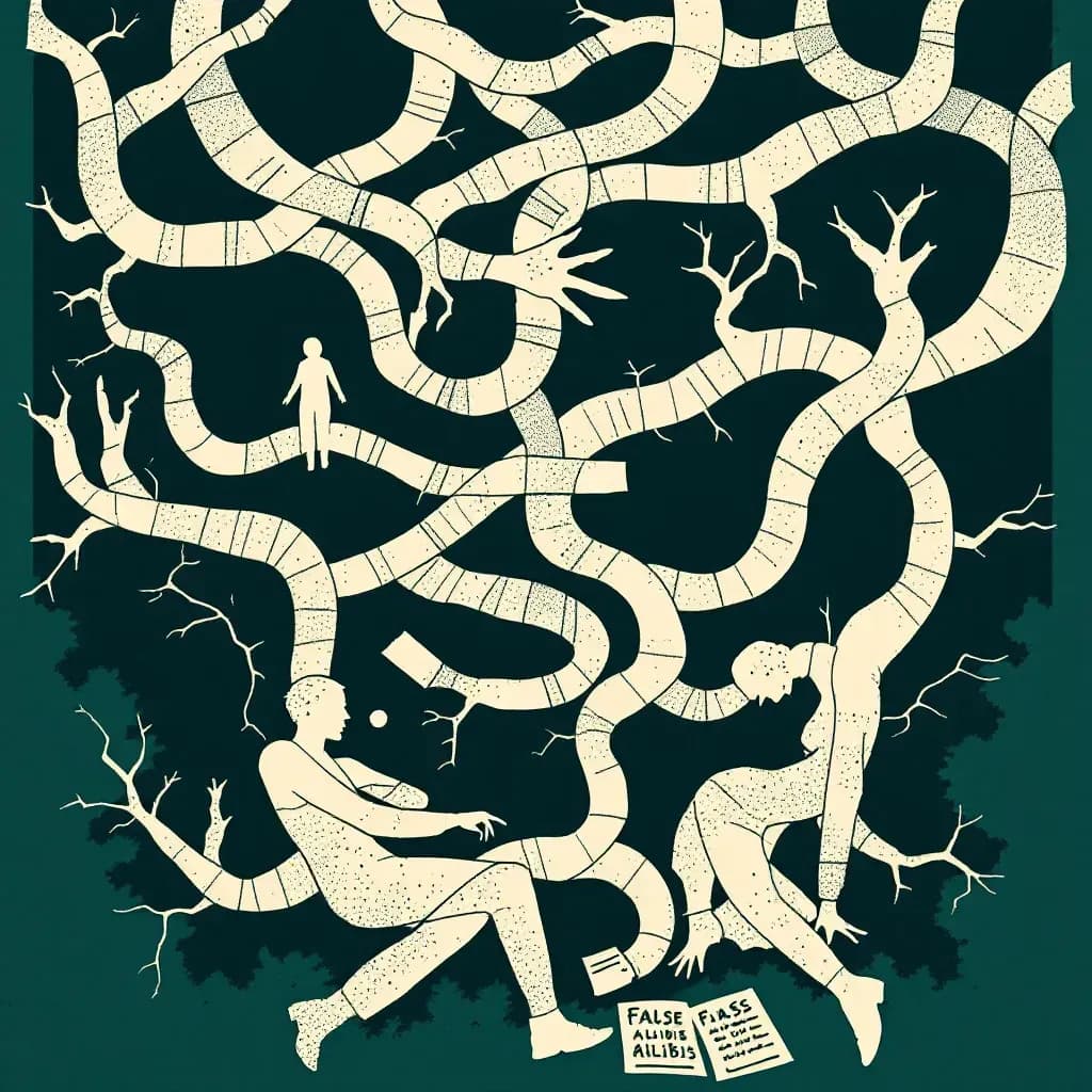 A web of tangled lies and hidden clues illustrating a criminal cover-up, with figures exchanging secretive glances, false alibis written on paper, and an investigator uncovering concealed evidence.
