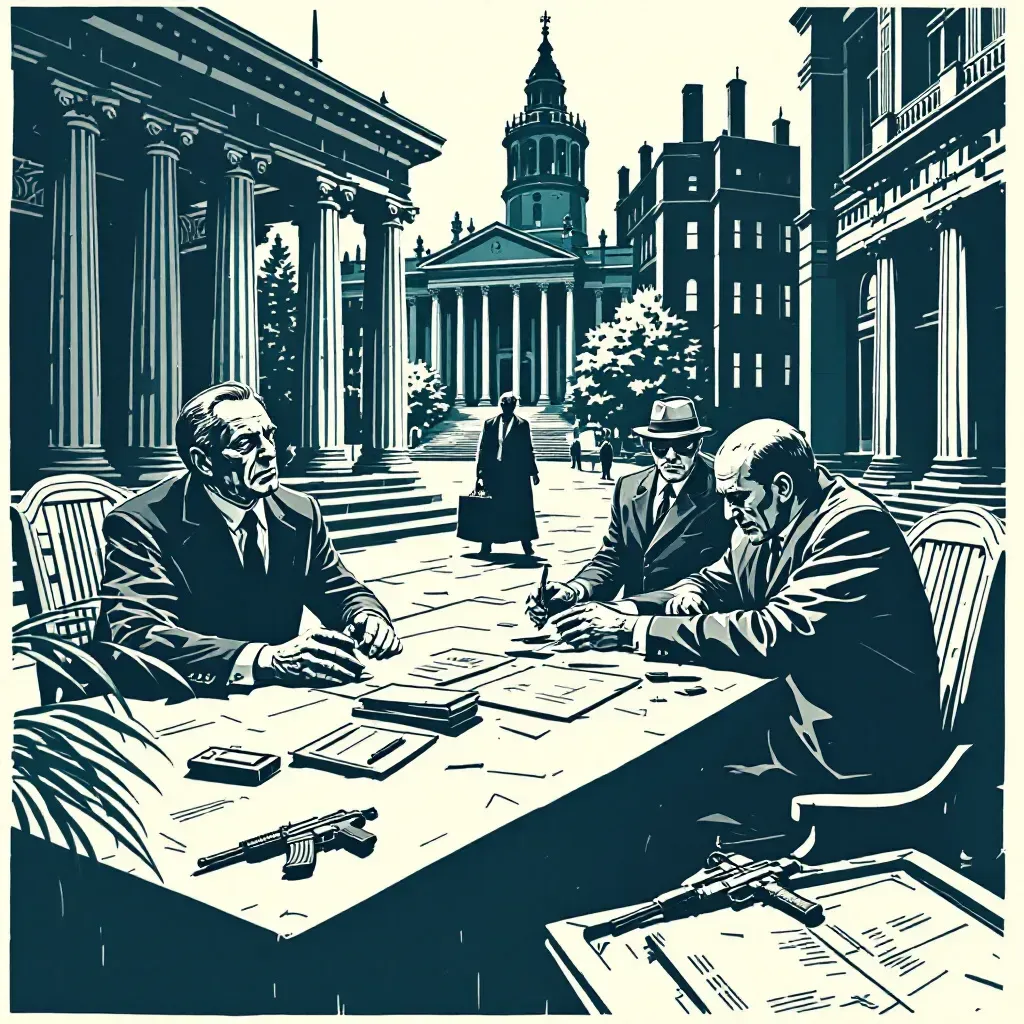 Scene depicting a political figure targeted by an assassin, featuring a clandestine meeting involving exchange of documents, with hidden weapons nearby, set against a backdrop of official buildings and a tense, watchful atmosphere.