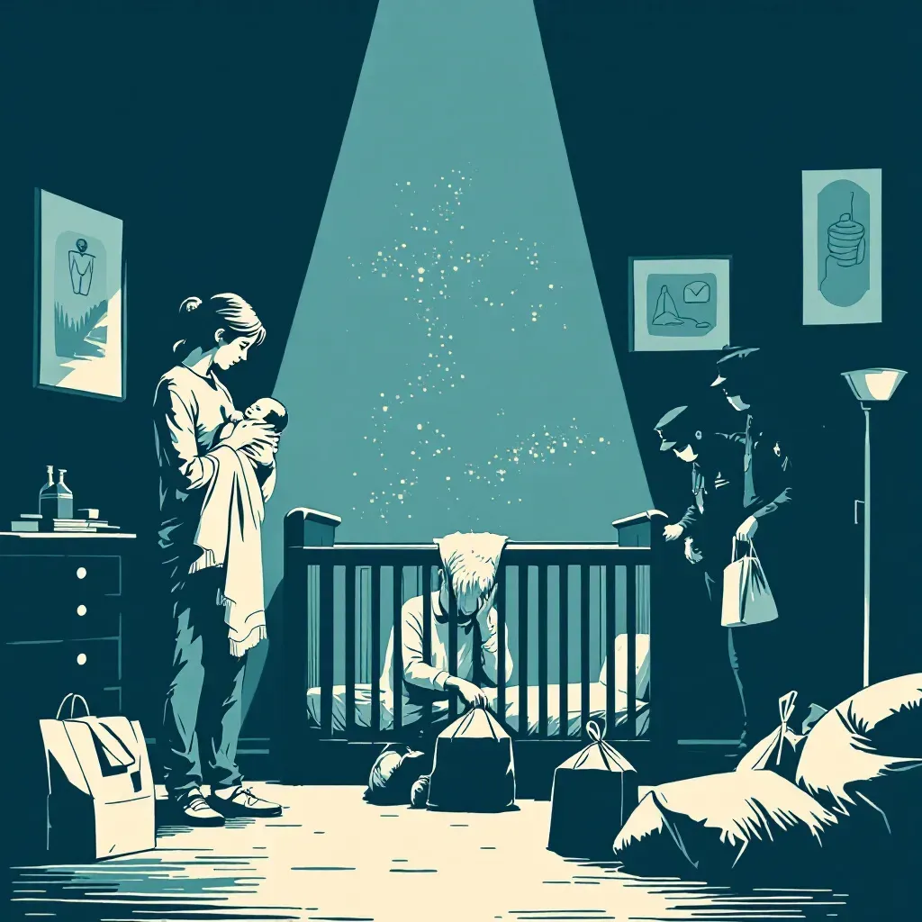A grieving parent holding a baby blanket, police detectives with evidence bags nearby, and investigators examining a crib in a dimly lit room.