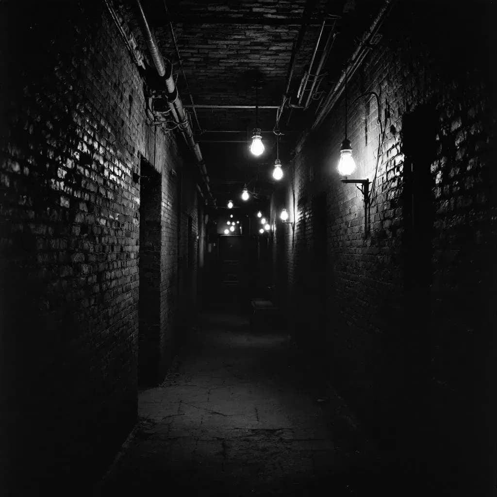 Mørk kælderkorridor i victoriansk bygning, mursten, glødende pærer, H.H. Holmes Murder Castle Chicago 1893