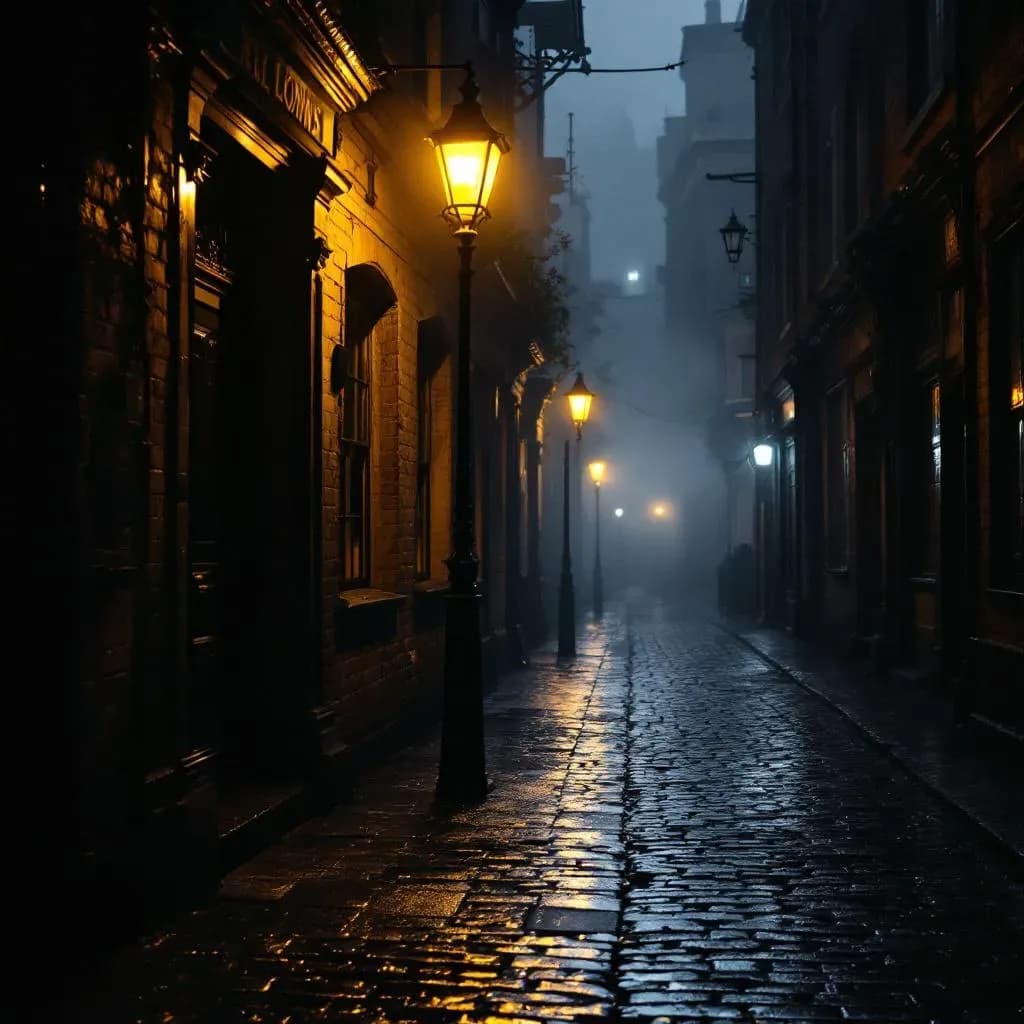 Mørkt brolagt smøge i victoriansk London om natten, gaslampe og tåge, Jack the Ripper rute 1888